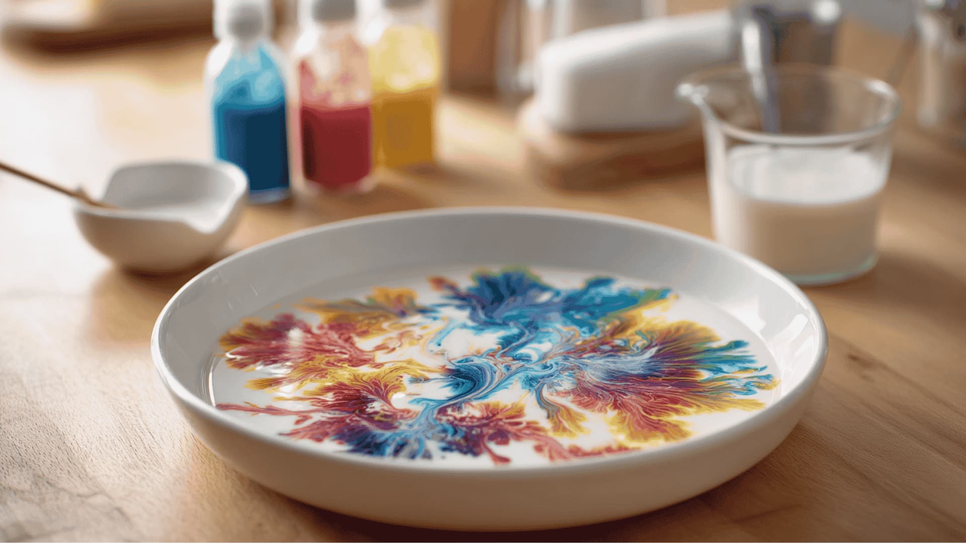 Swirling magic milk art with food coloring bursts in a white dish on the kitchen table with soap and dropper nearby