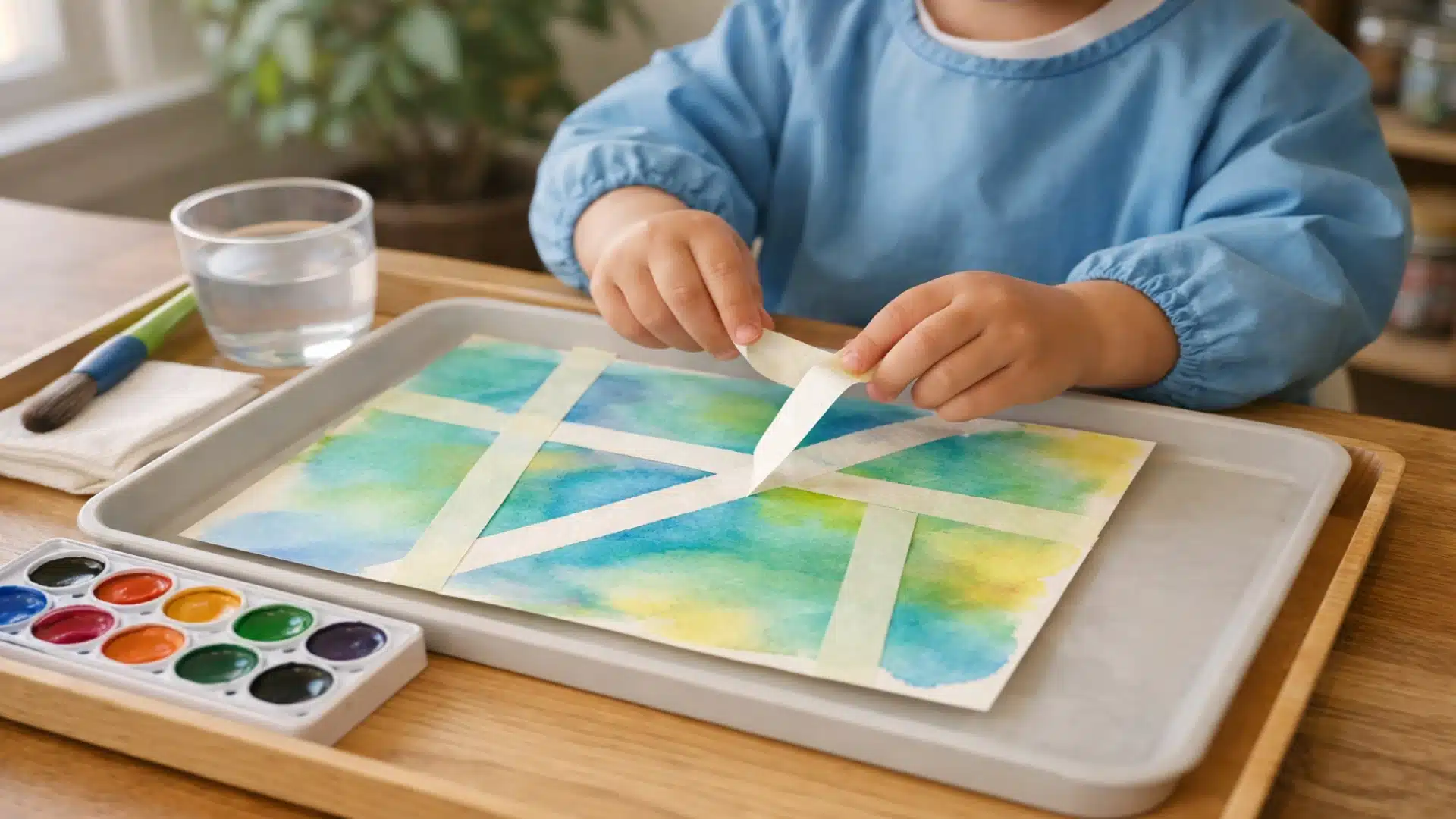 Toddler peeling masking tape from painted paper to reveal clean lines during a simple tape-resist art activity.