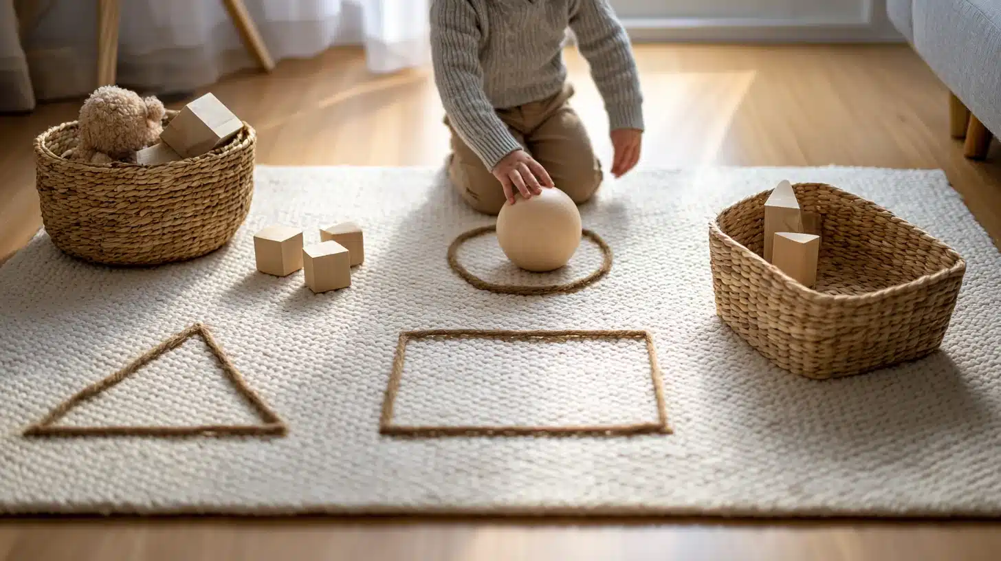 Toddler placing toys inside masking tape shape outlines on the floor to practice shape recognition and matching skills.