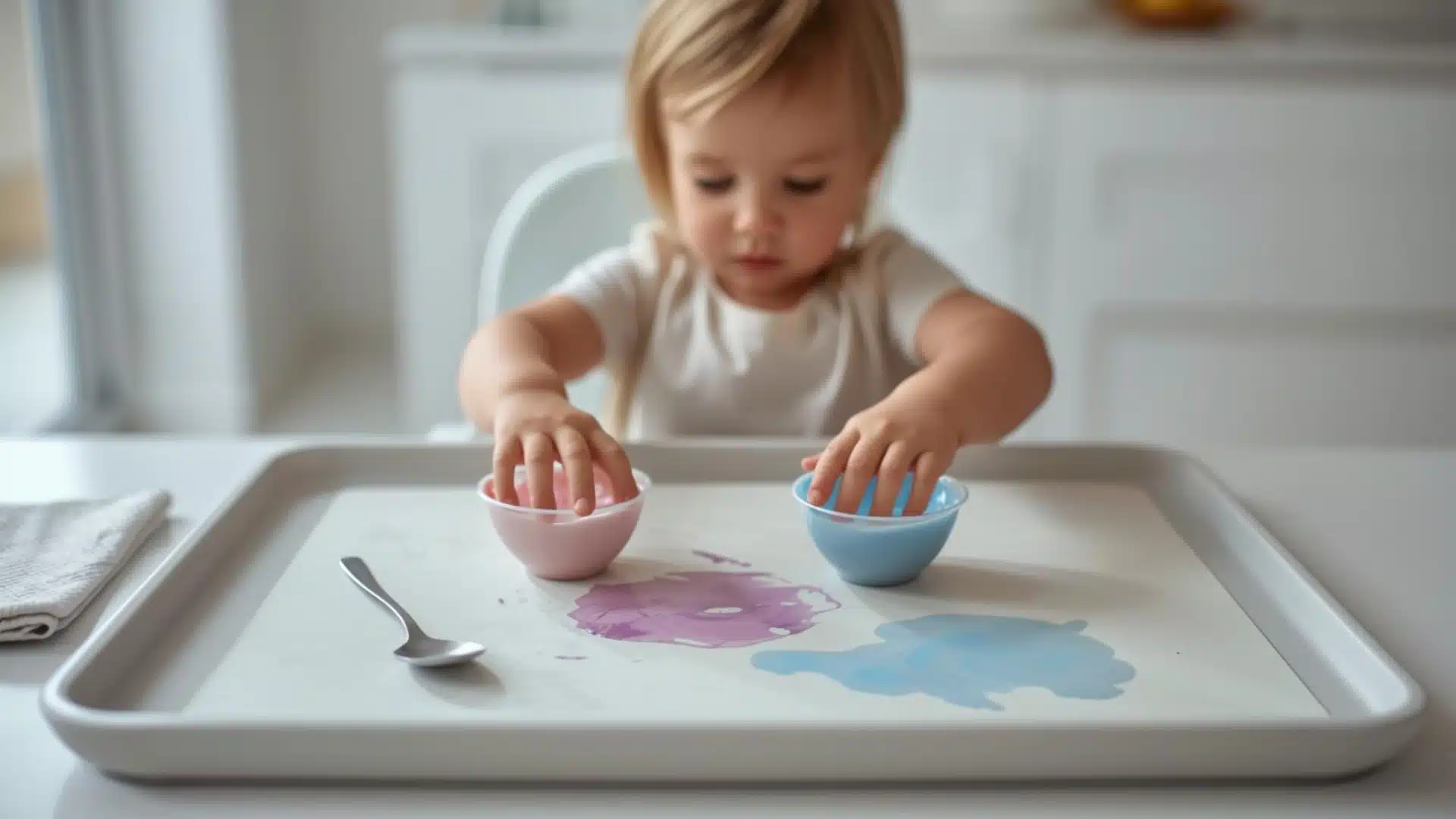 Toddler finger painting with colored yogurt on a tray for a taste-safe sensory art activity at home.