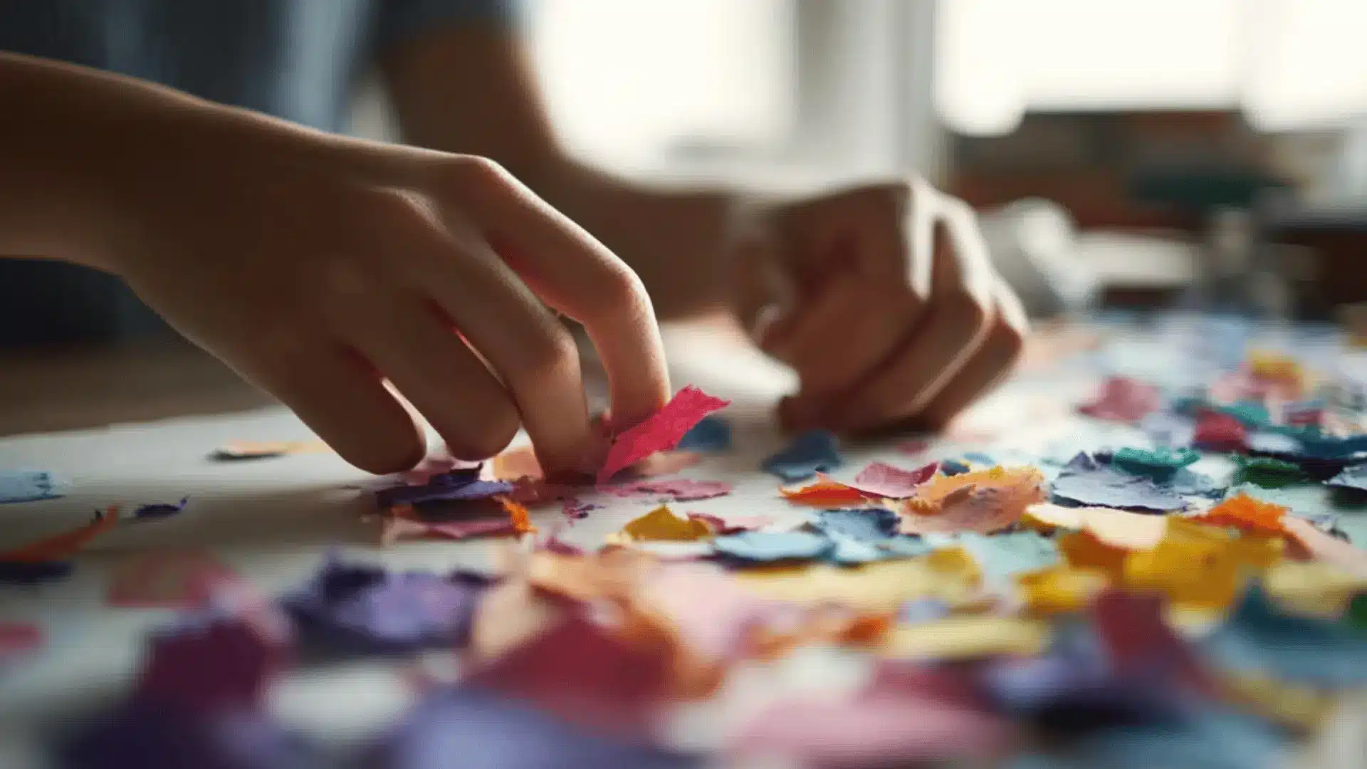 hands tearing colored paper for an abstract collage