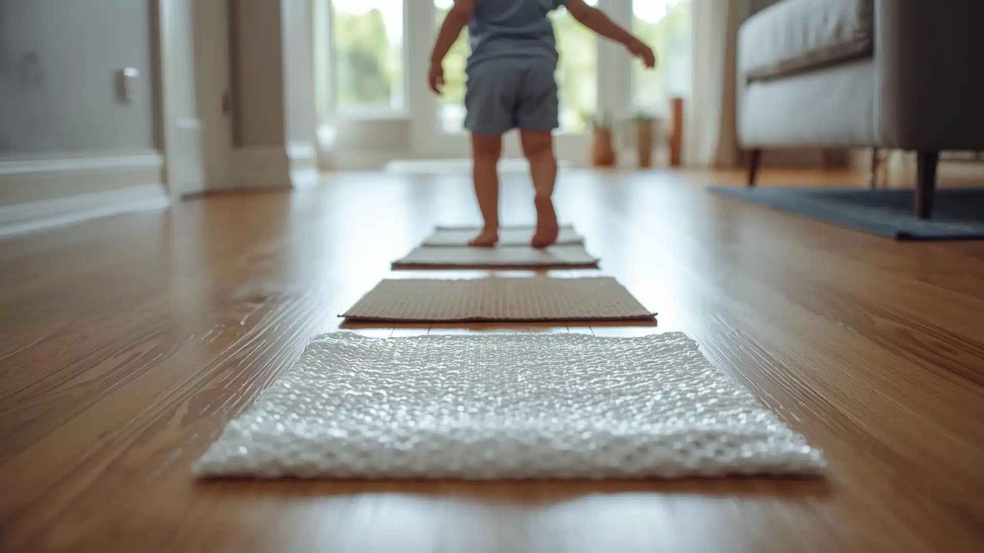 Toddler walking barefoot across a line of different textures to build sensory awareness and texture vocabulary.