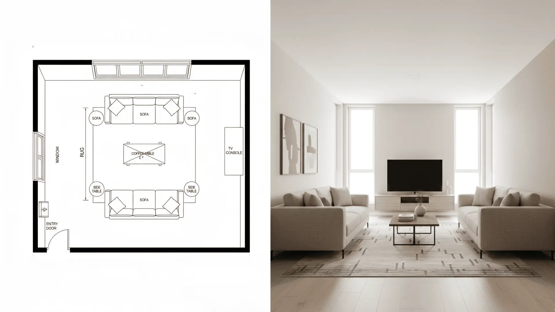 Two sofas facing each other across a narrow living room with a centered rug.