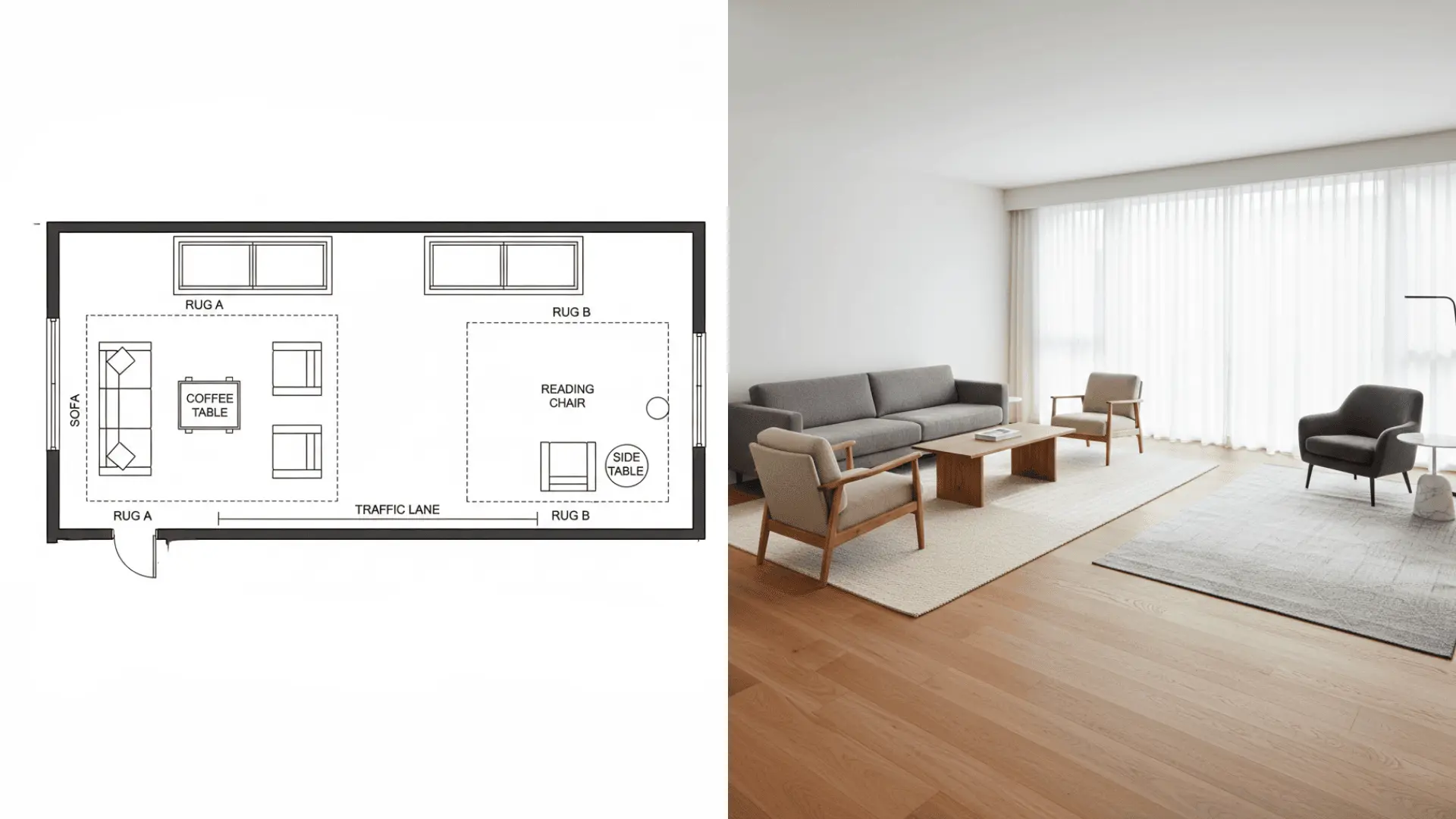 Two rugs split a long living room into seating and reading zones