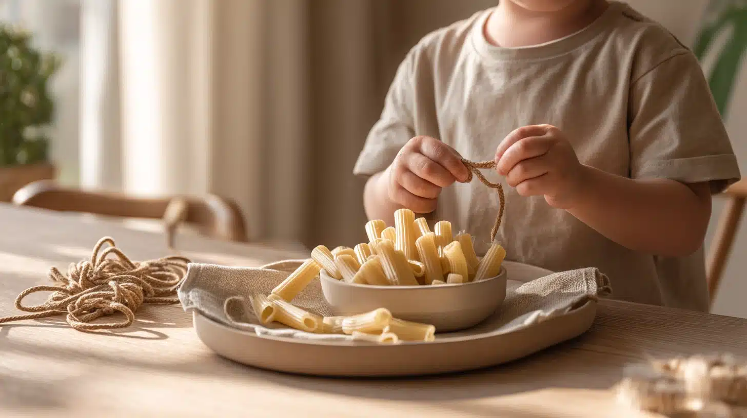 Toddler threading large pasta tubes onto a thick shoelace on a tray to build hand-eye coordination and patience.