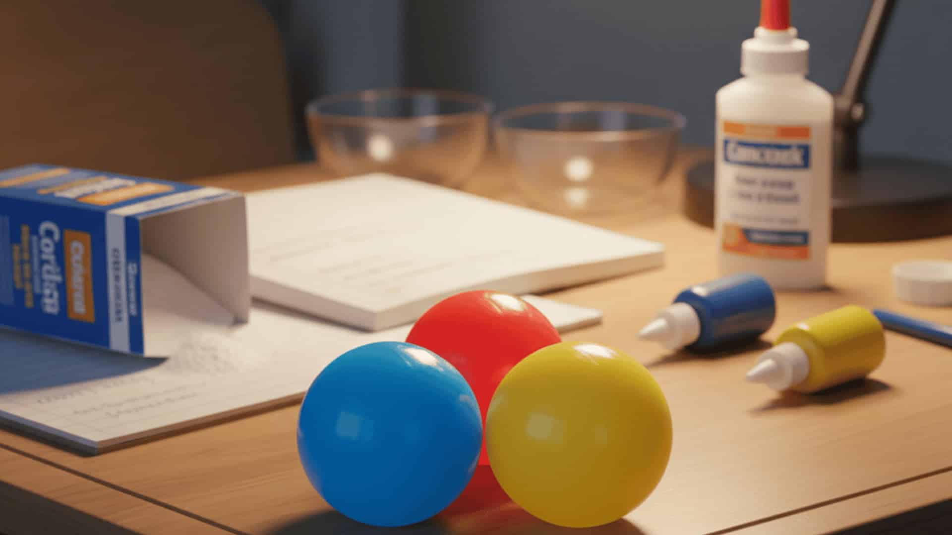 Three homemade bouncy balls in blue, red, and yellow on a school desk with mixing bowls and craft supply bottles nearby