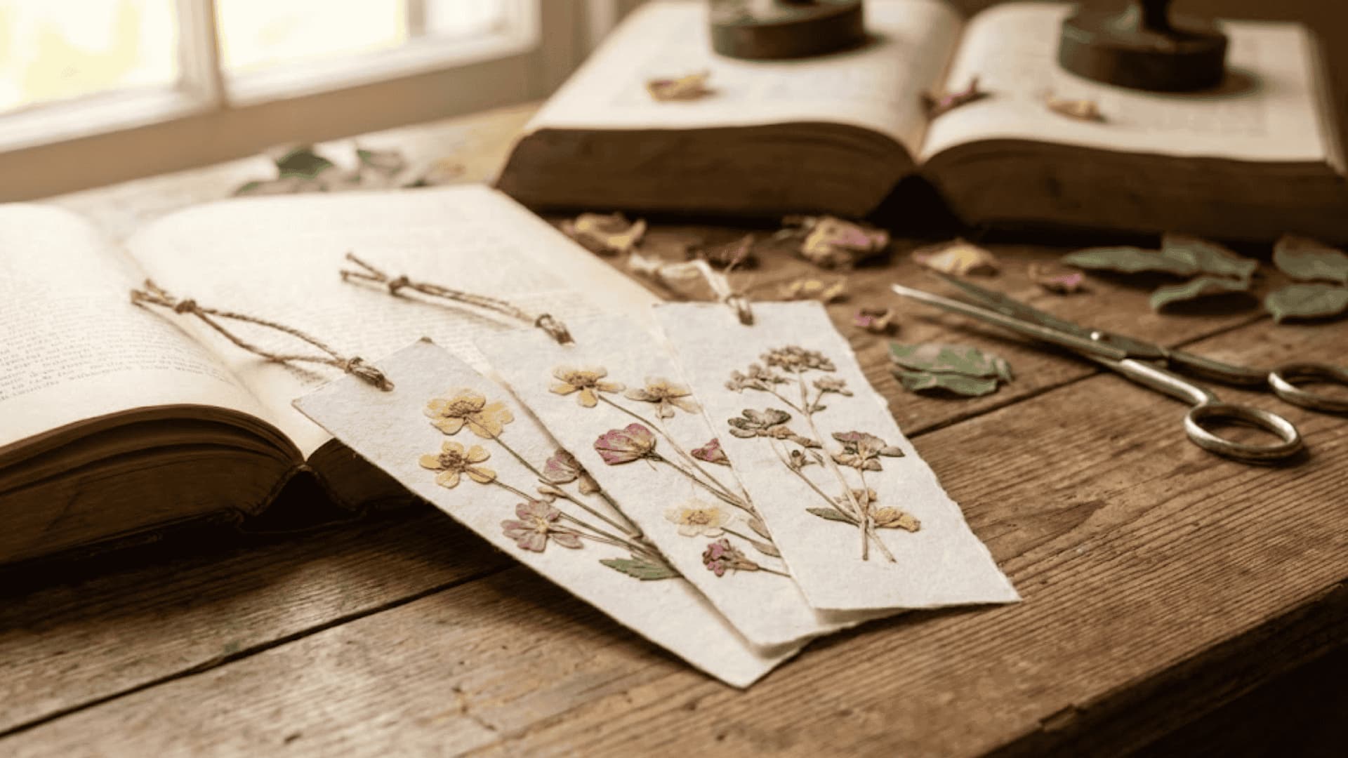 Three laminated pressed flower bookmarks with dried blooms on a wooden table beside an open book and loose petals