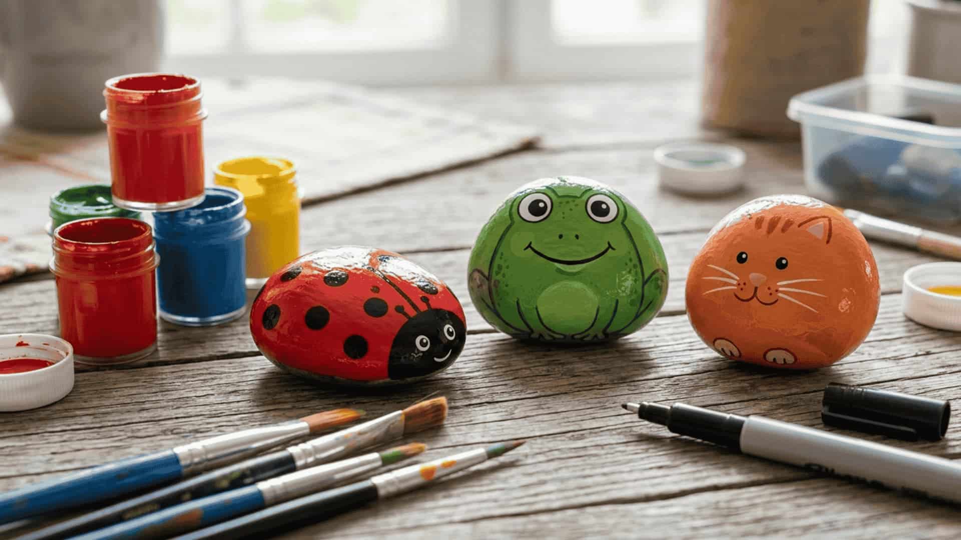 Three smooth rocks painted as a ladybug, a frog, and a cat on a weathered wood surface with paint jars and brushes