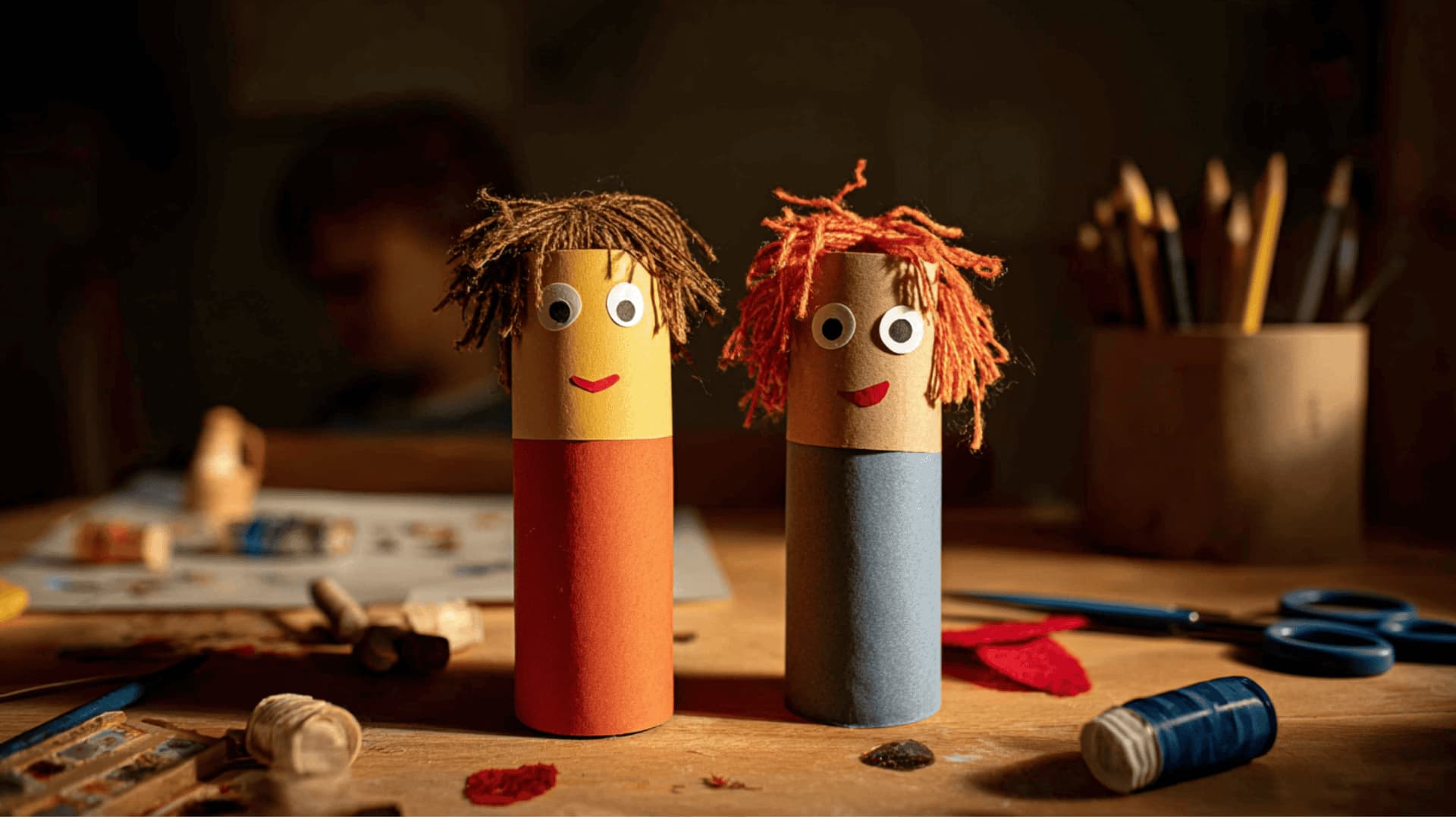 Two colorful paper bag puppets with yarn hair and googly eyes on a craft table with felt scraps and scissors