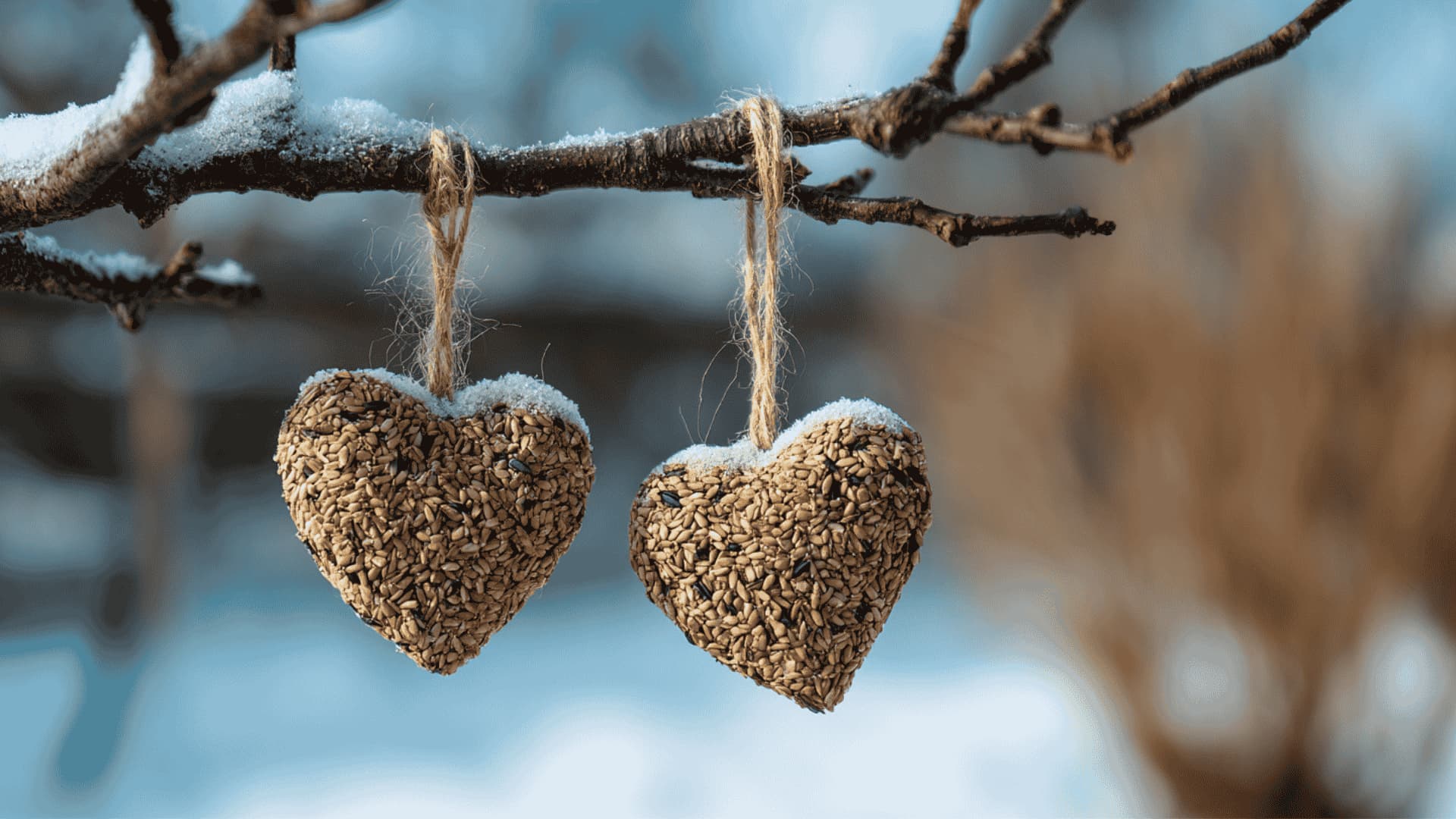 Two heart-shaped birdseed ornaments hanging from a snow-dusted winter tree branch in soft grey winter light