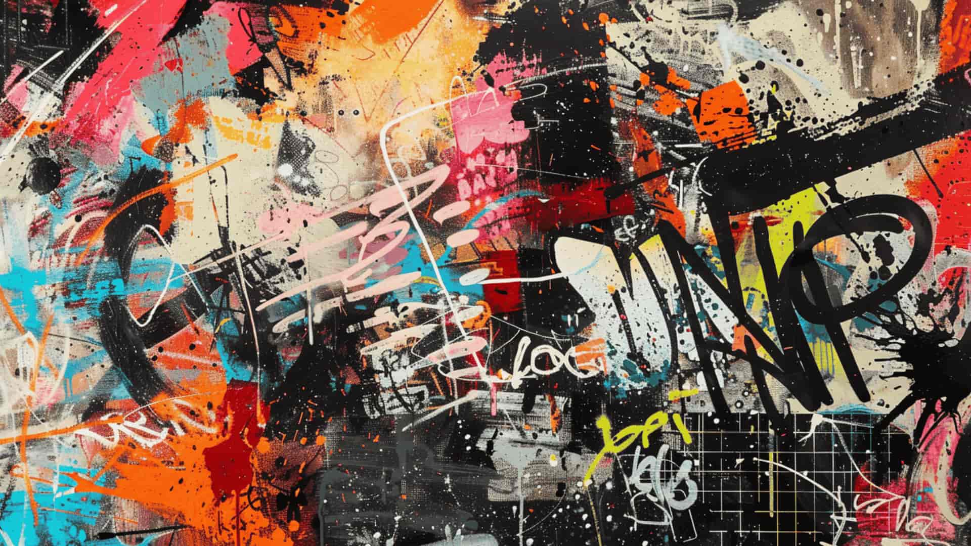 Urban-inspired mixed media art featuring graffiti textures, stencil shapes, and layered typography.