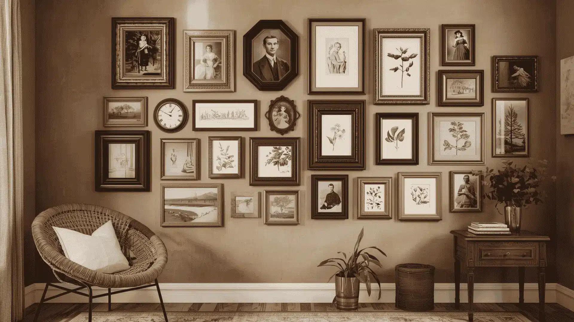 Eclectic gallery wall with mixed vintage frames in wood and gold, varied art, warm wall tones, relaxed arrangement