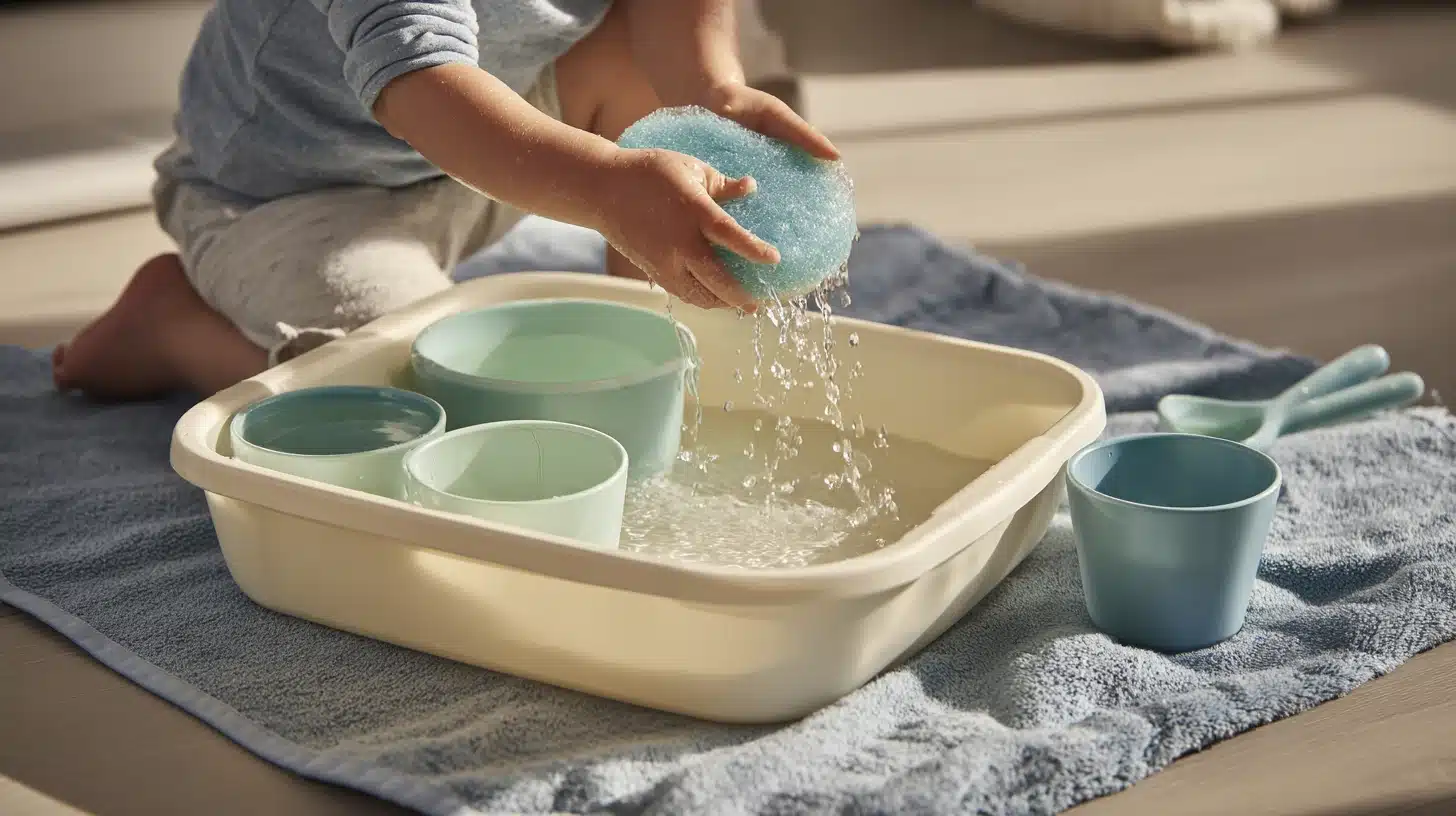 Toddler transferring water between cups with a sponge in a shallow tub to practice hand coordination and cause-and-effect learning.