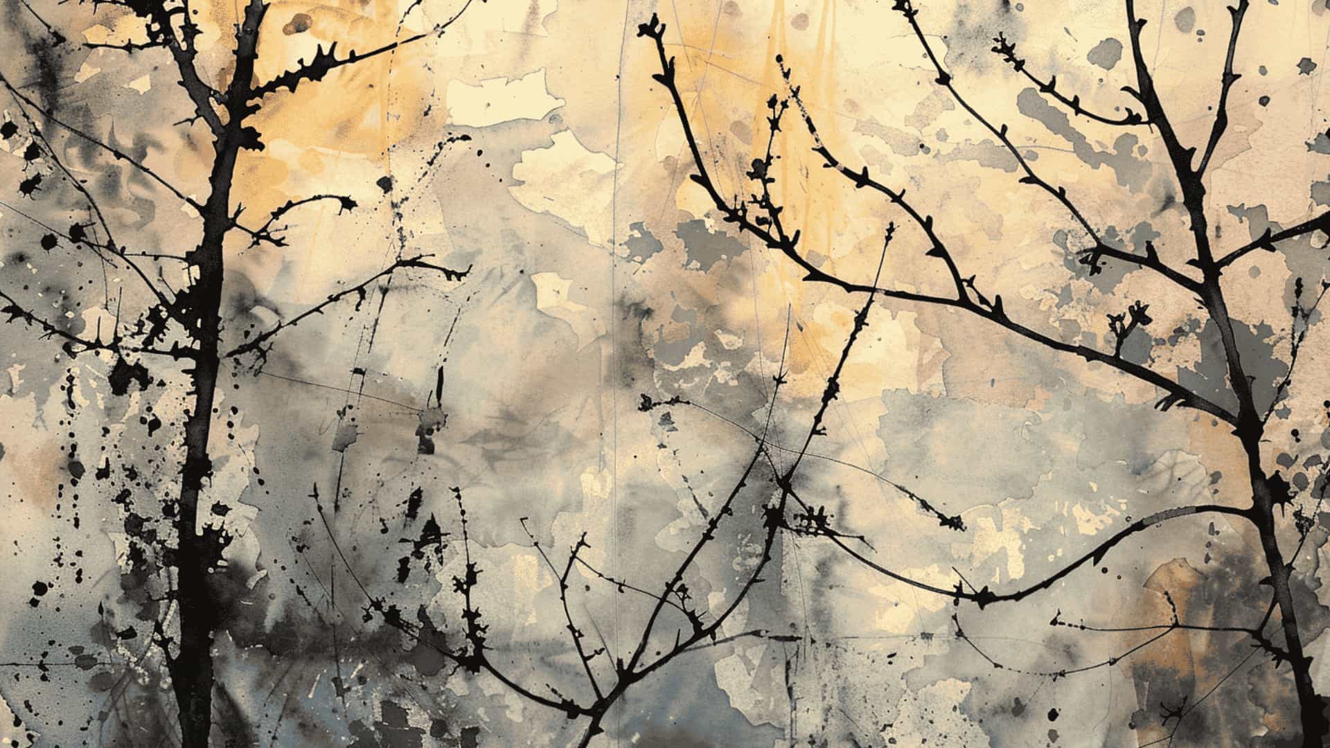 Watercolor and ink mixed media art with soft blended background and bold black line details.