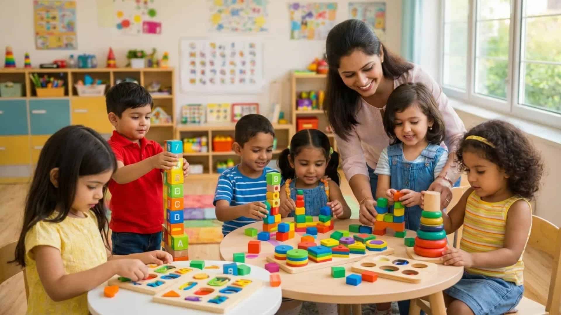 Teacher guides preschoolers building colorful block towers at a classroom table near sunny windows and toy shelves behind