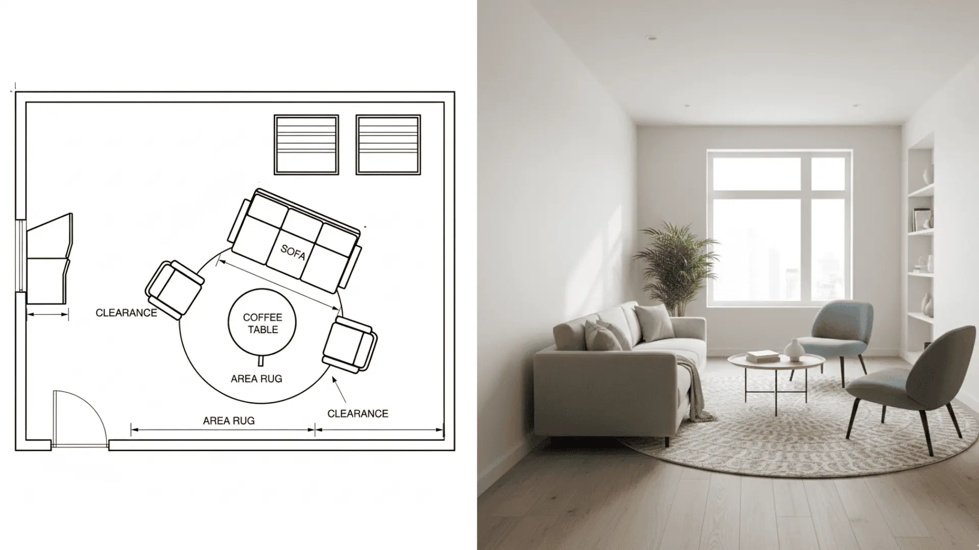 Angled sofa and chairs on a round rug in a narrow living room.