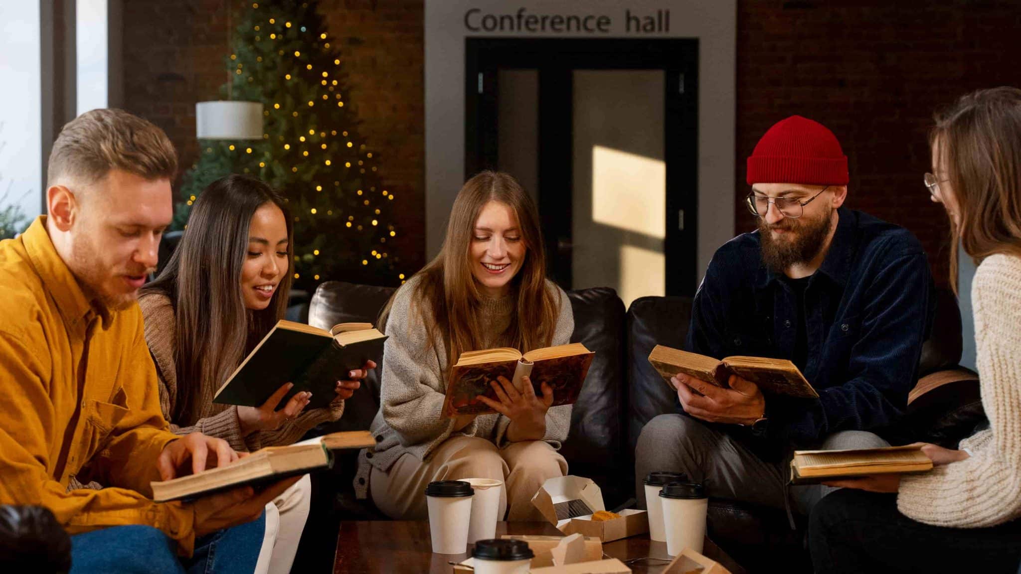 Adults discussing a book together during a mental health-focused book club meeting