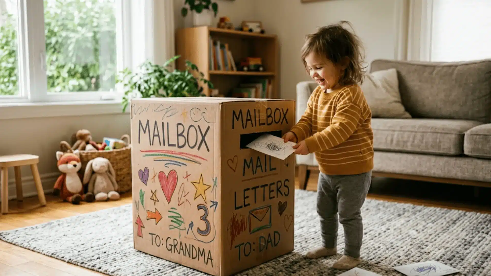 Toddler using a cardboard box as a pretend mailbox during open-ended play to build imagination and storytelling skills.