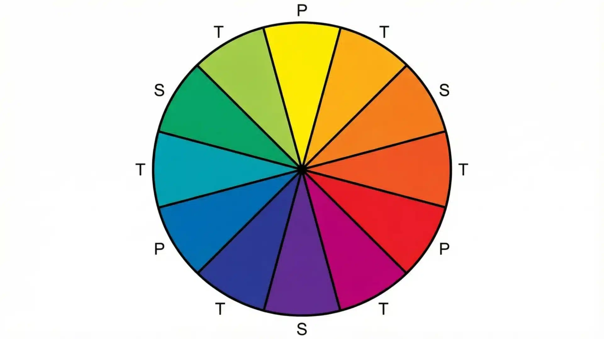 Colour wheel representing primary, secondary, and tertiary colours.
