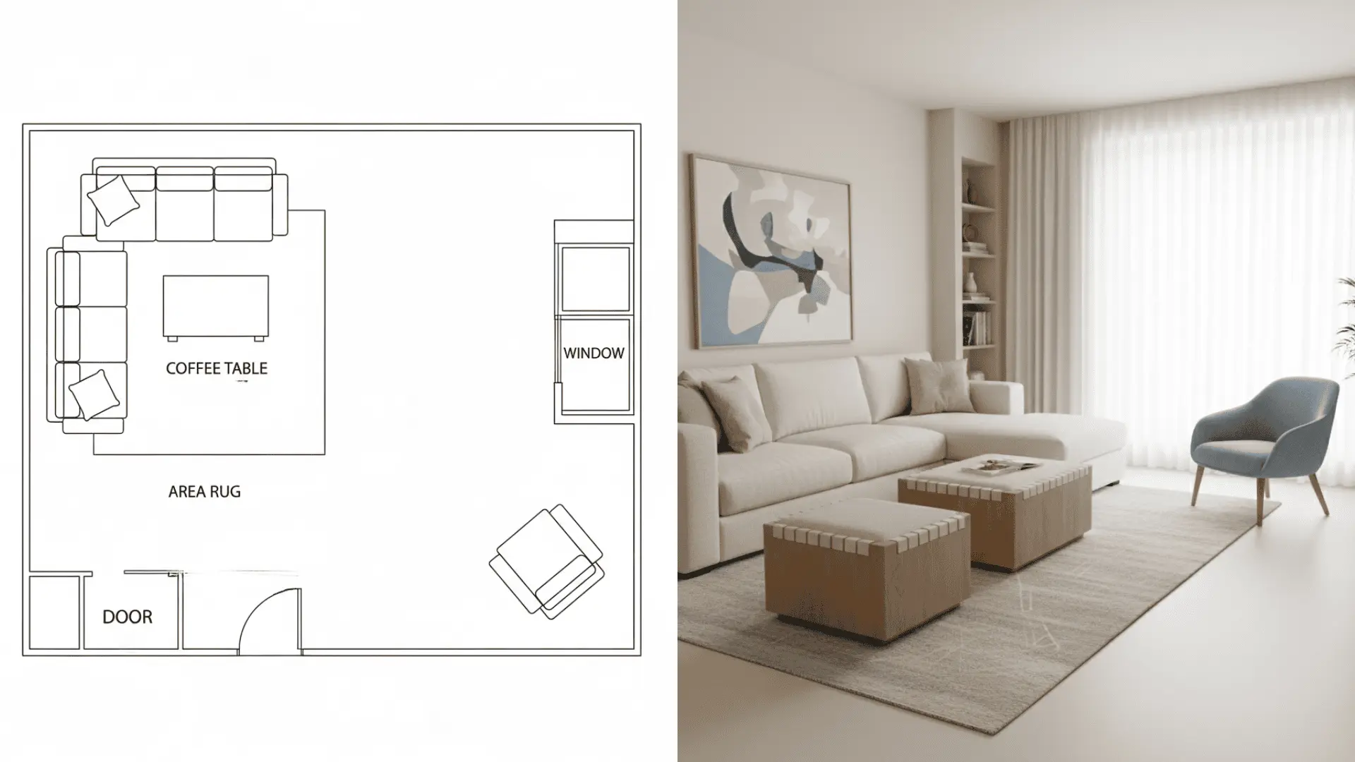 Corner sofa with a clear open center in a small room.