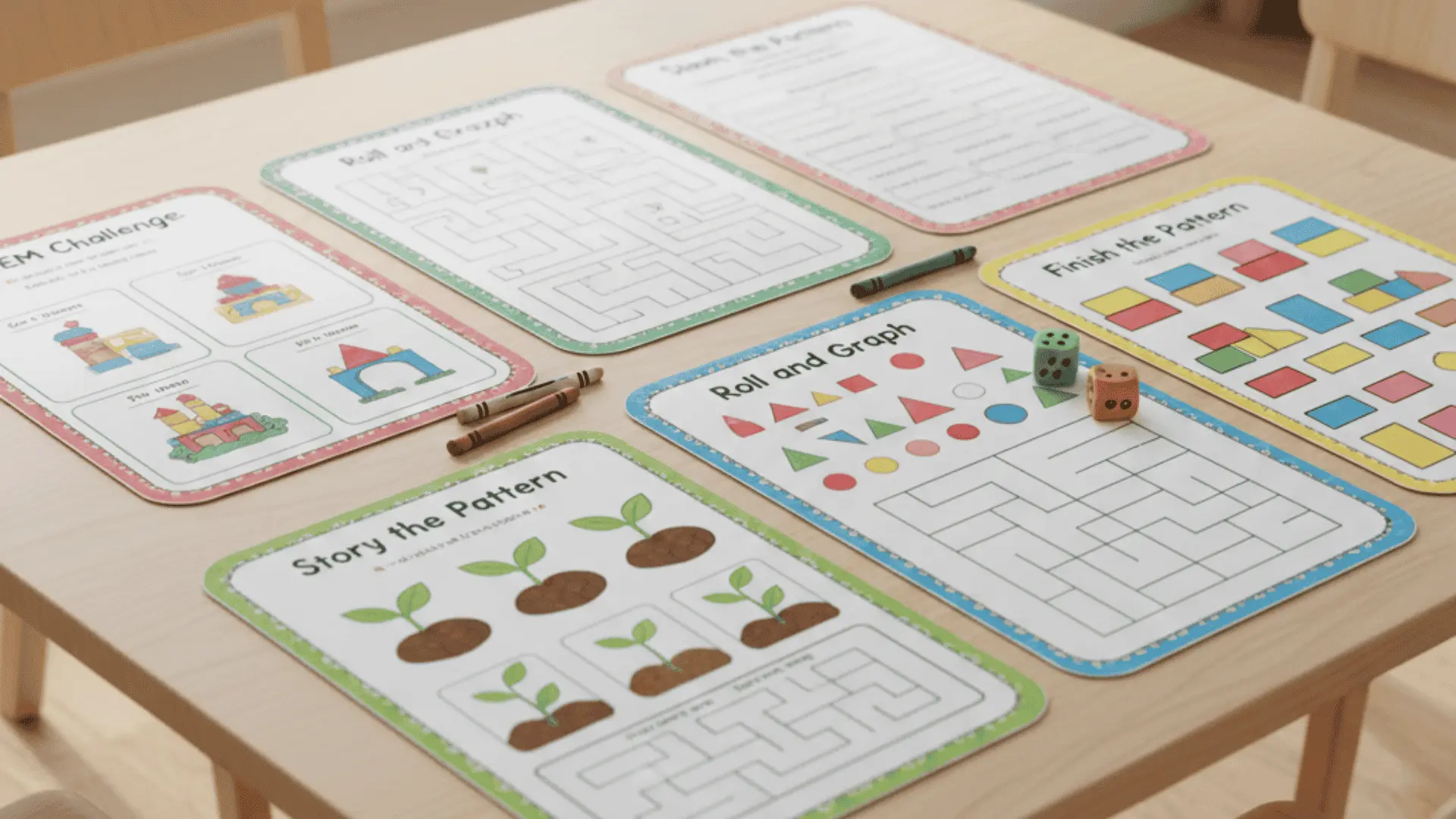 Kindergarten creative worksheets, including STEM cards, puzzles, and sequencing pages on a table.