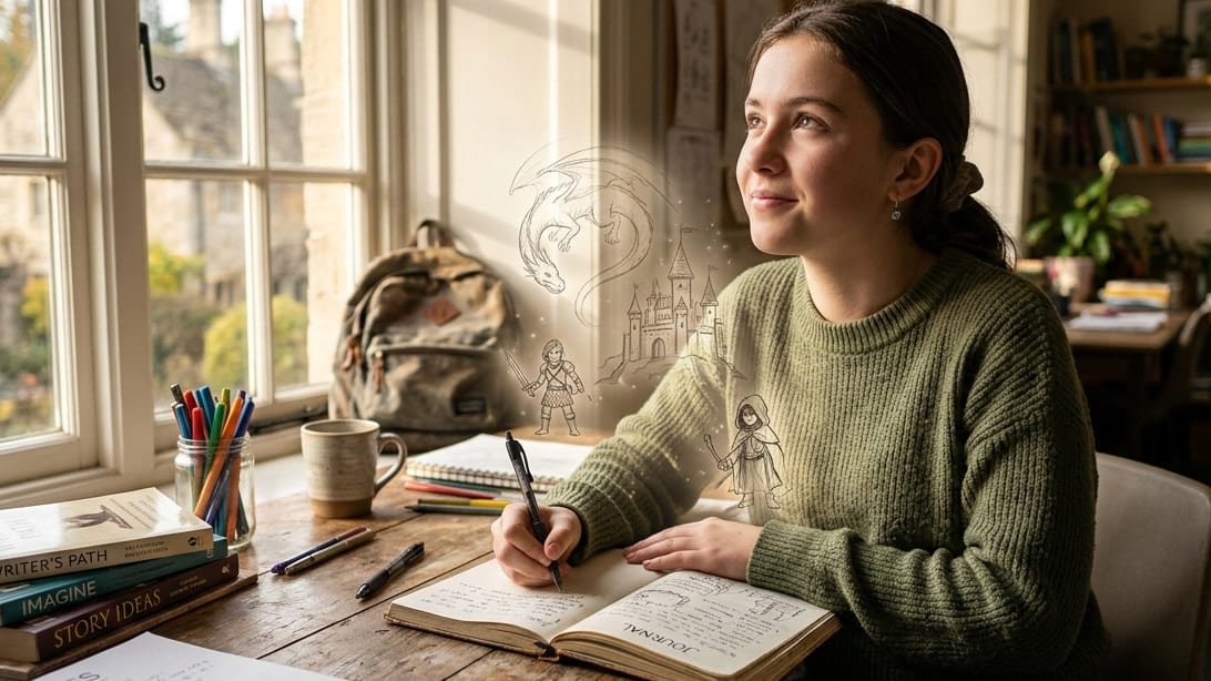 A girl doing a journal entry at the table in the afternoon