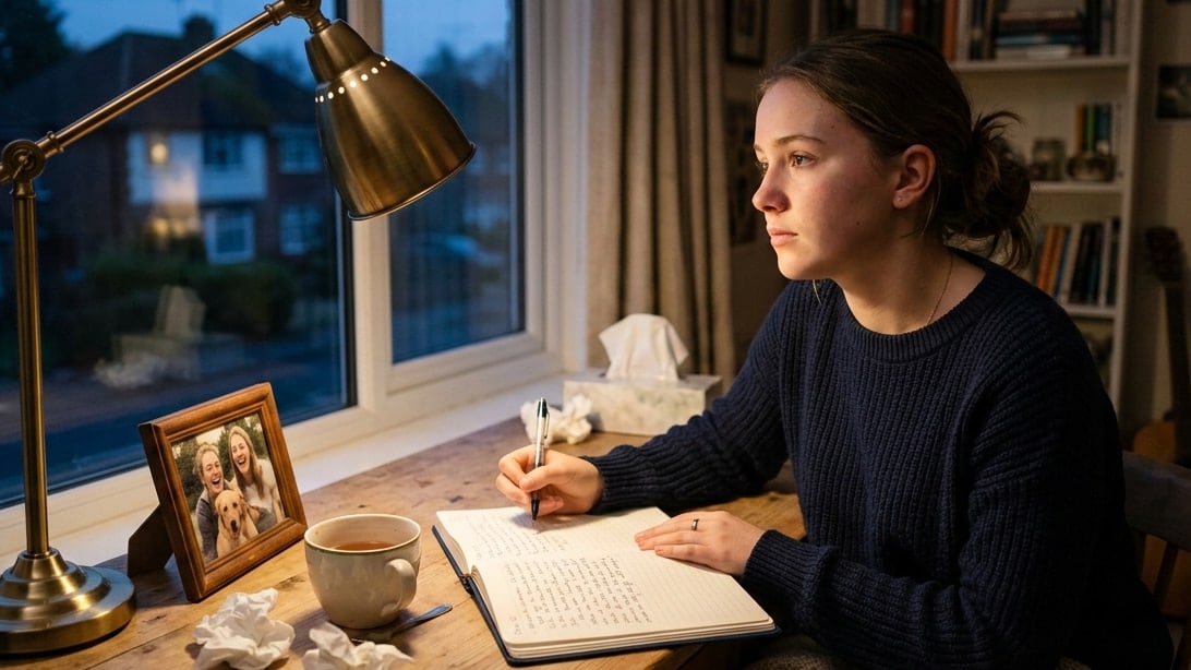 teenager making a diary entry at the table in the evening.
