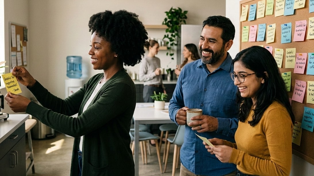 Employees adding notes to a gratitude wall in a bright office hallway