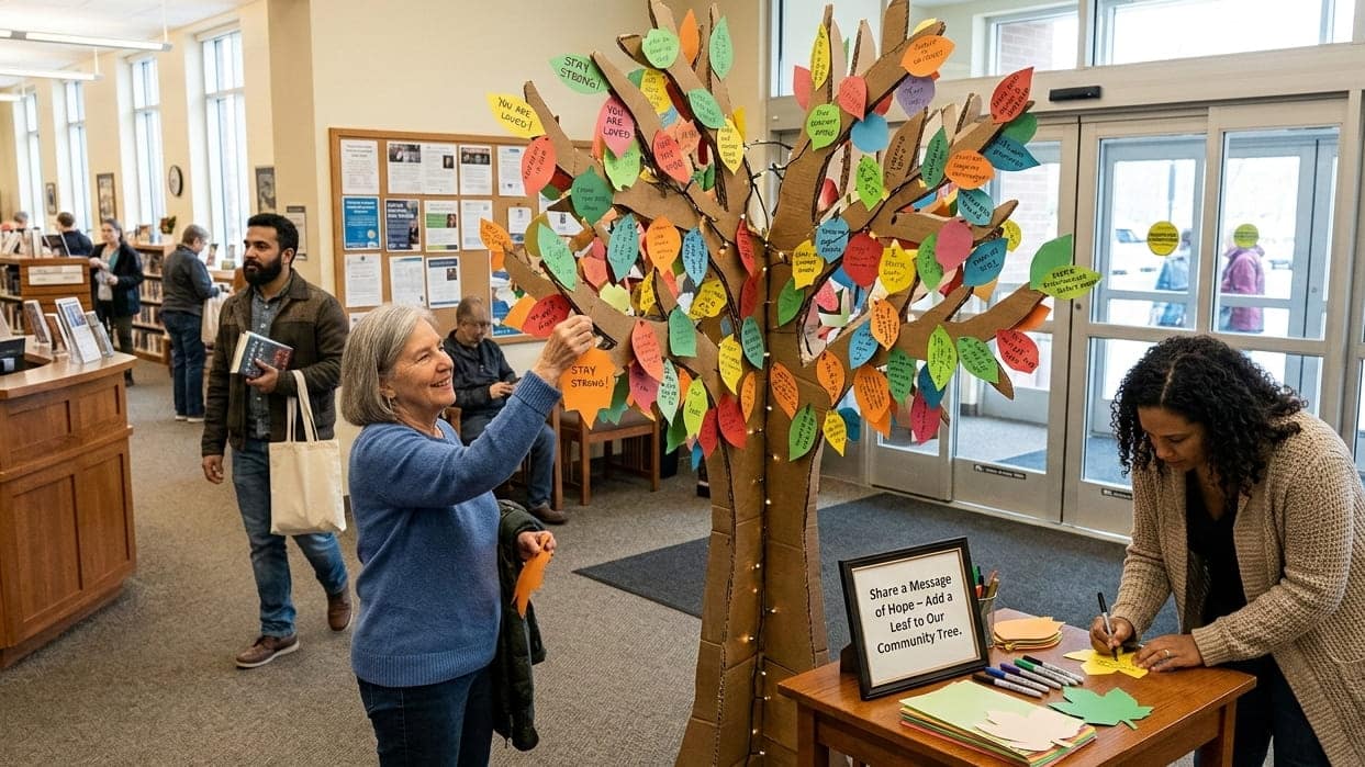 Community members adding paper leaves to a gratitude tree display in a public space