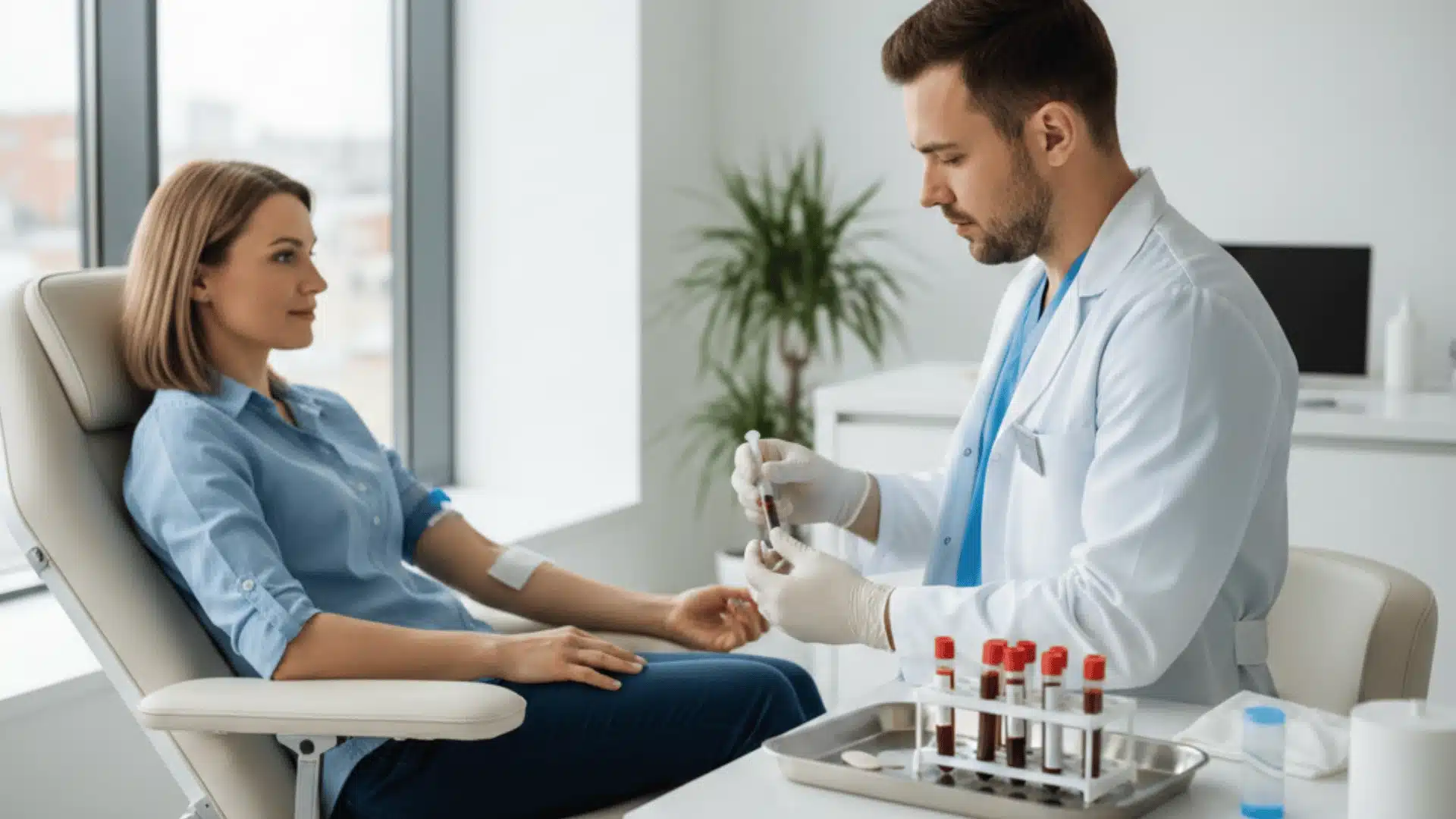 Phlebotomist drawing blood from a patient in a clinic