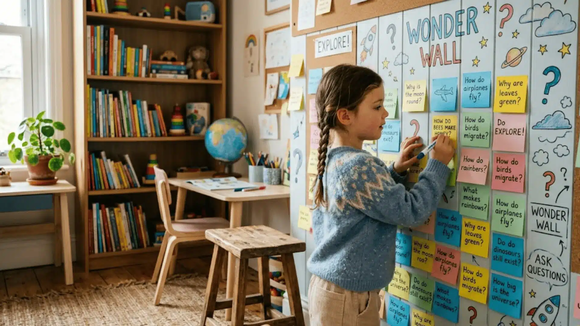 Child writing questions on a wonder wall at home to encourage curiosity and questioning.