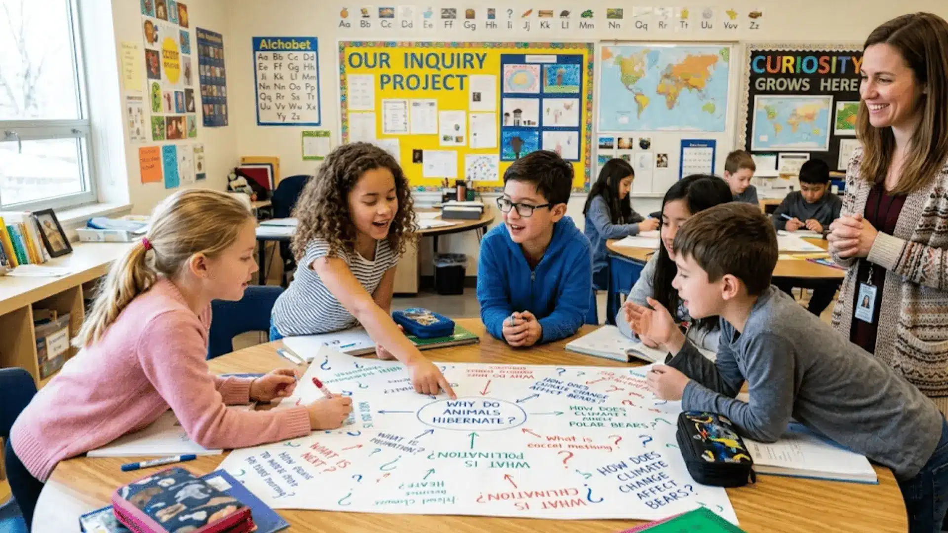 Students working together in a classroom group activity to brainstorm questions and encourage curiosity
