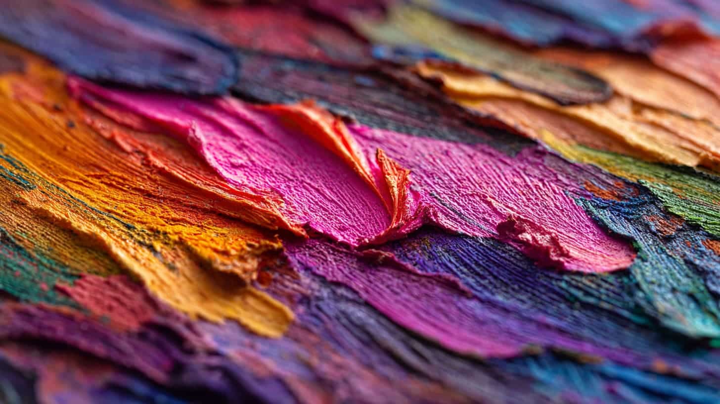 An Impasto art piece with different shades of yellow, blue, pink, etc