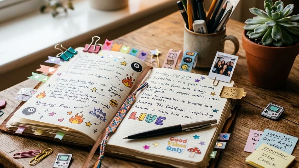 a journal diary kept on the table with pens and bookmarks