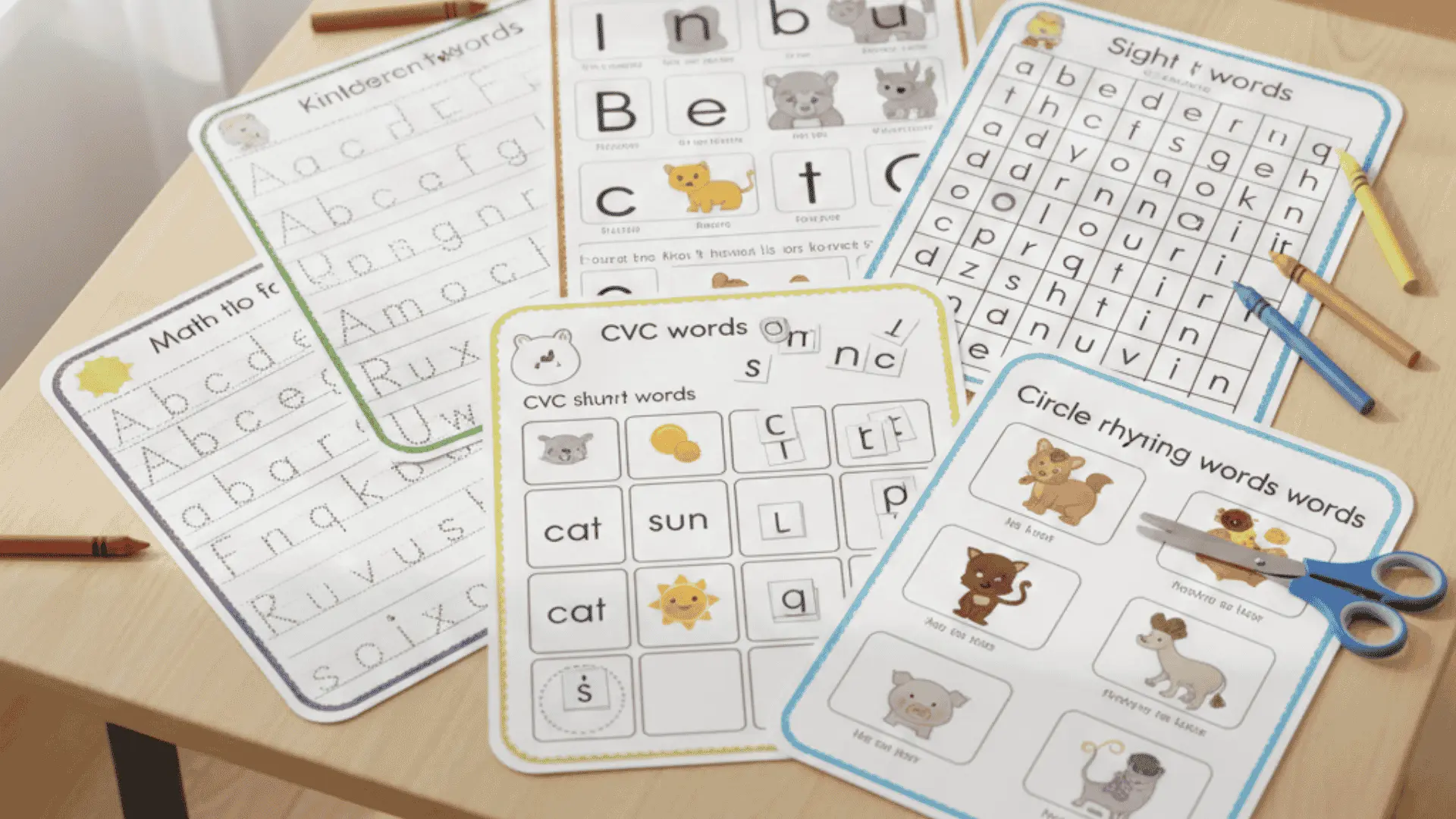 Kindergarten literacy worksheets, including tracing, matching, sight words, and CVC pages on a table.
