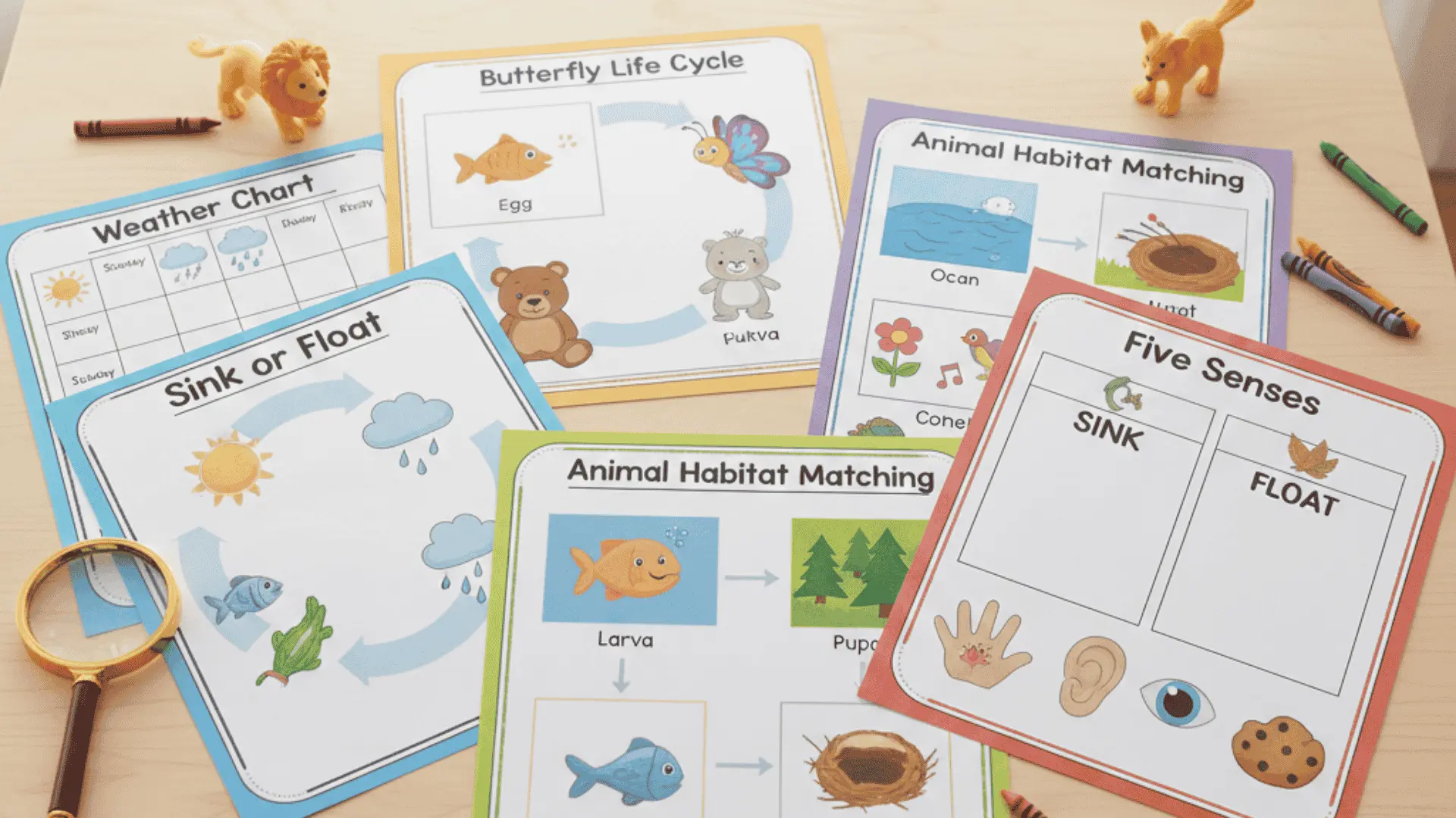 Kindergarten science and exploration printable worksheets arranged neatly on a light wooden classroom table