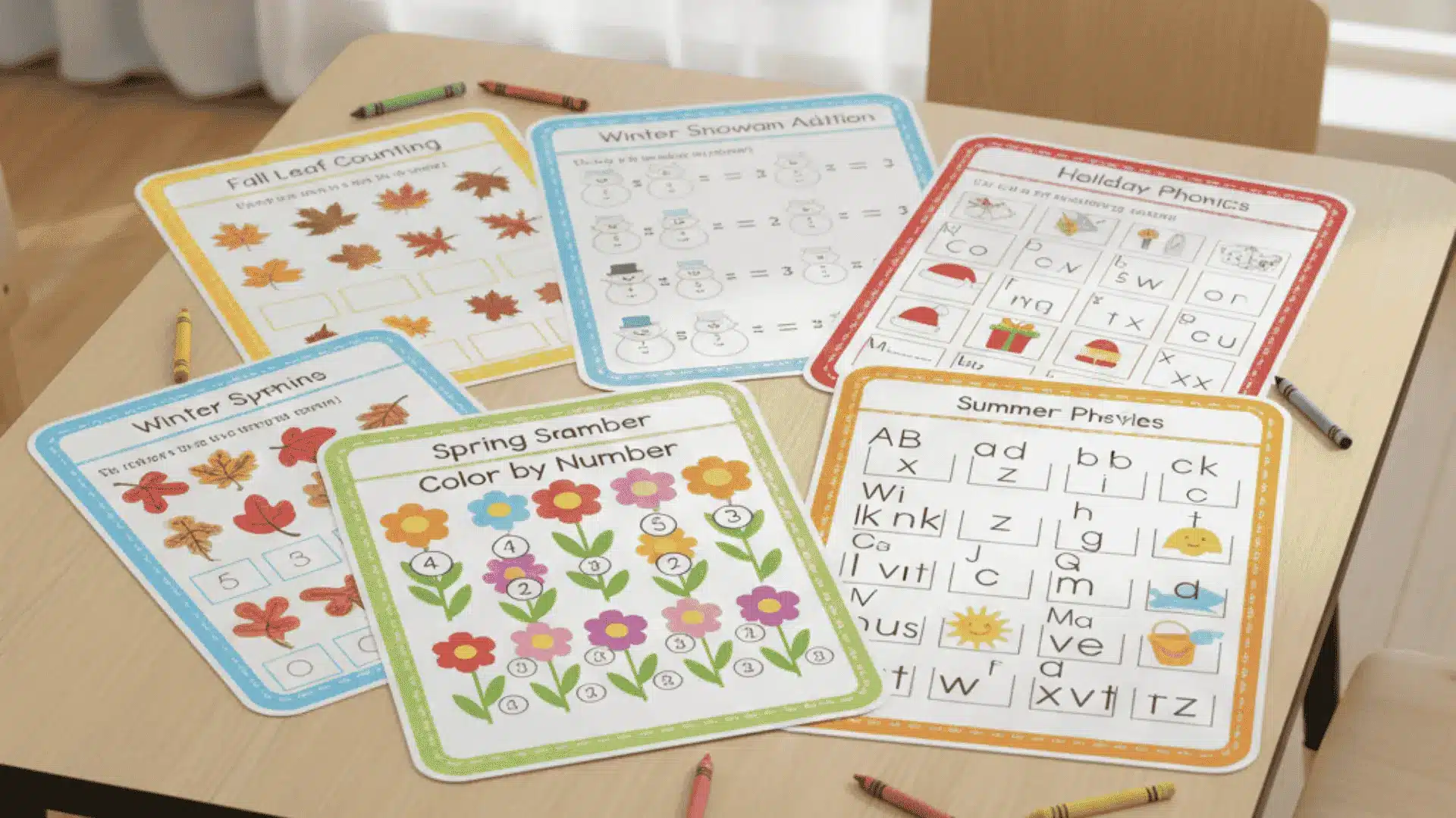 kindergarten seasonal worksheets, including fall counting, winter math, and spring color-by-number pages