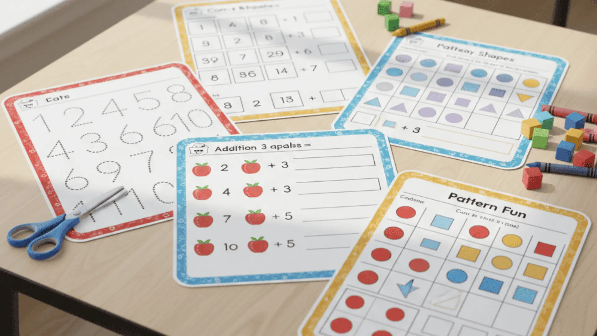 Kindergarten math worksheets, including number tracing, shapes, addition, and ten frames on a table.