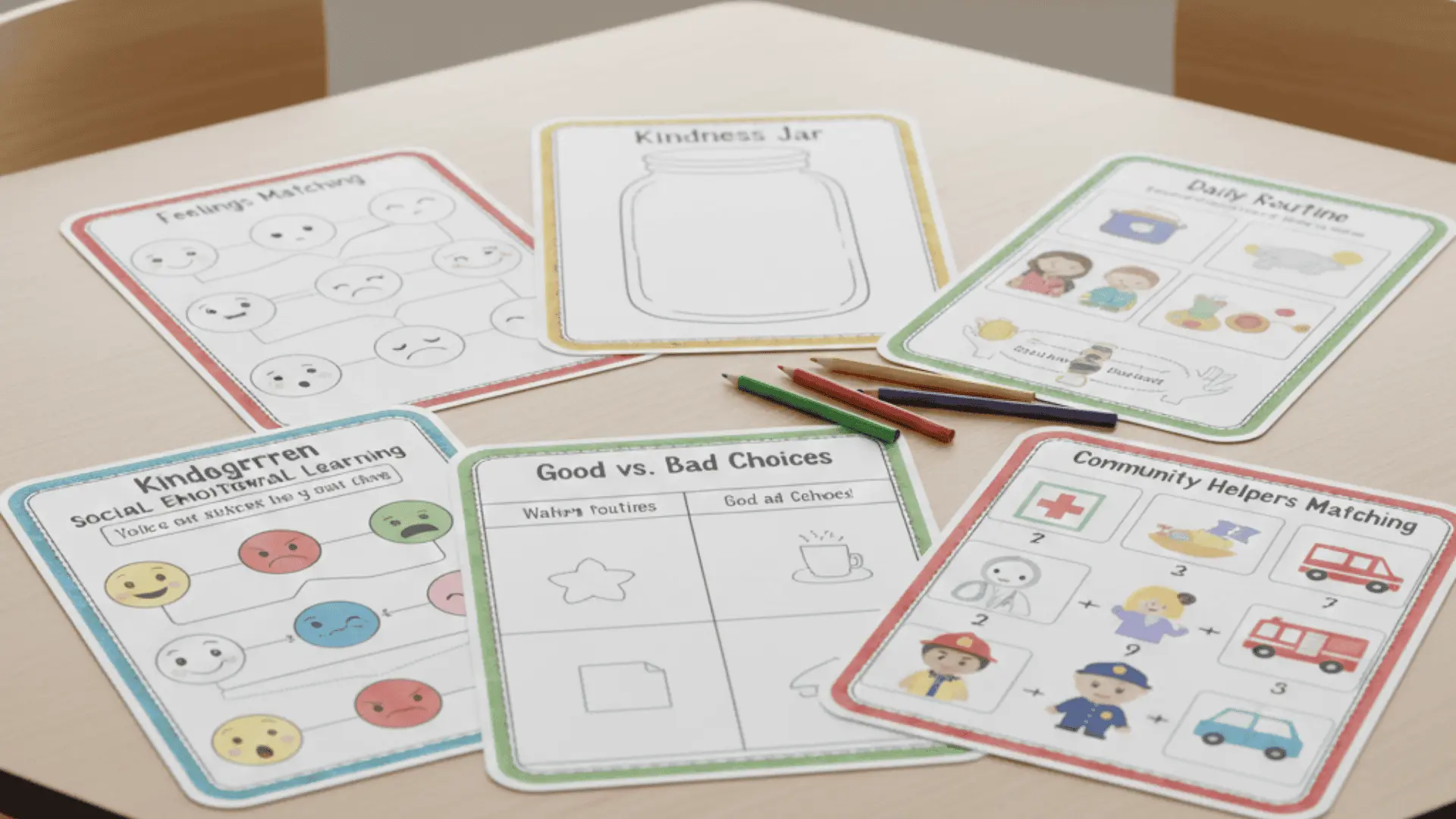 Kindergarten social-emotional worksheets with feelings, kindness, and routine matching pages on the table.
