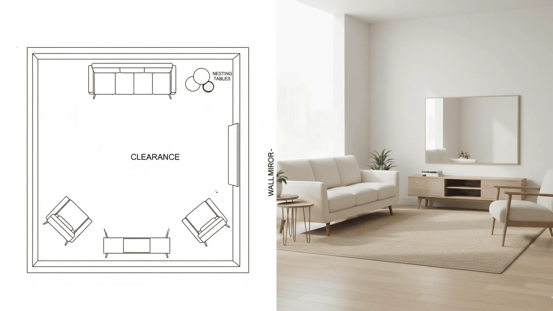 Small living room with leggy furniture and a large wall mirror.