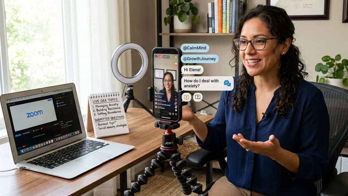 Mental health professional hosting a live Q and A session using a smartphone and a tripod