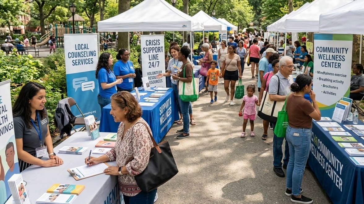 Community members visiting booths at a mental health awareness fair in a community center