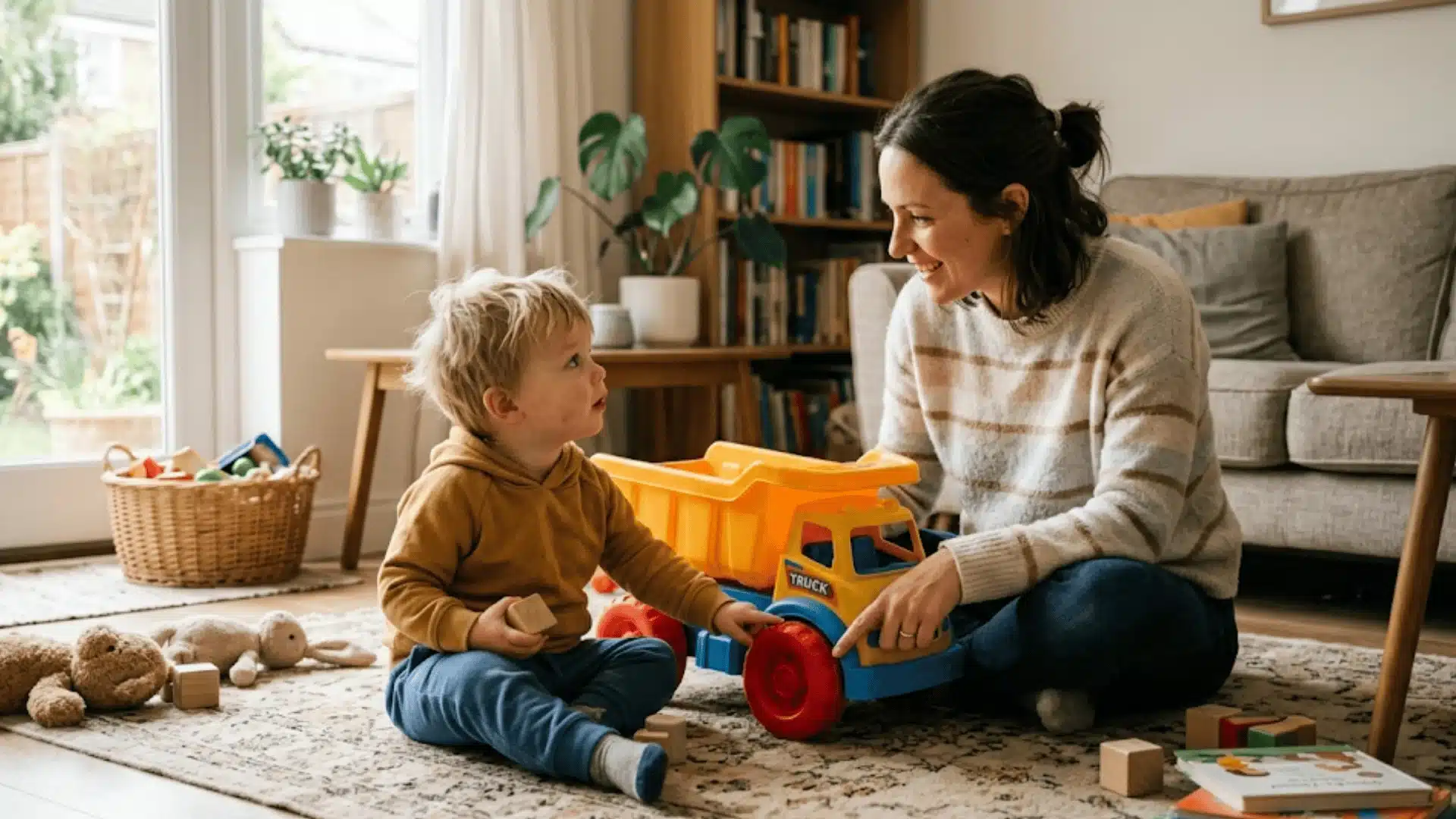 Toddler pointing to the wheels on a toy truck while a parent names the parts to build everyday vocabulary.
