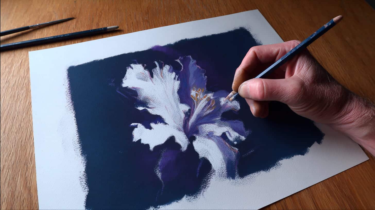 A negative space drawing made with oil pastels