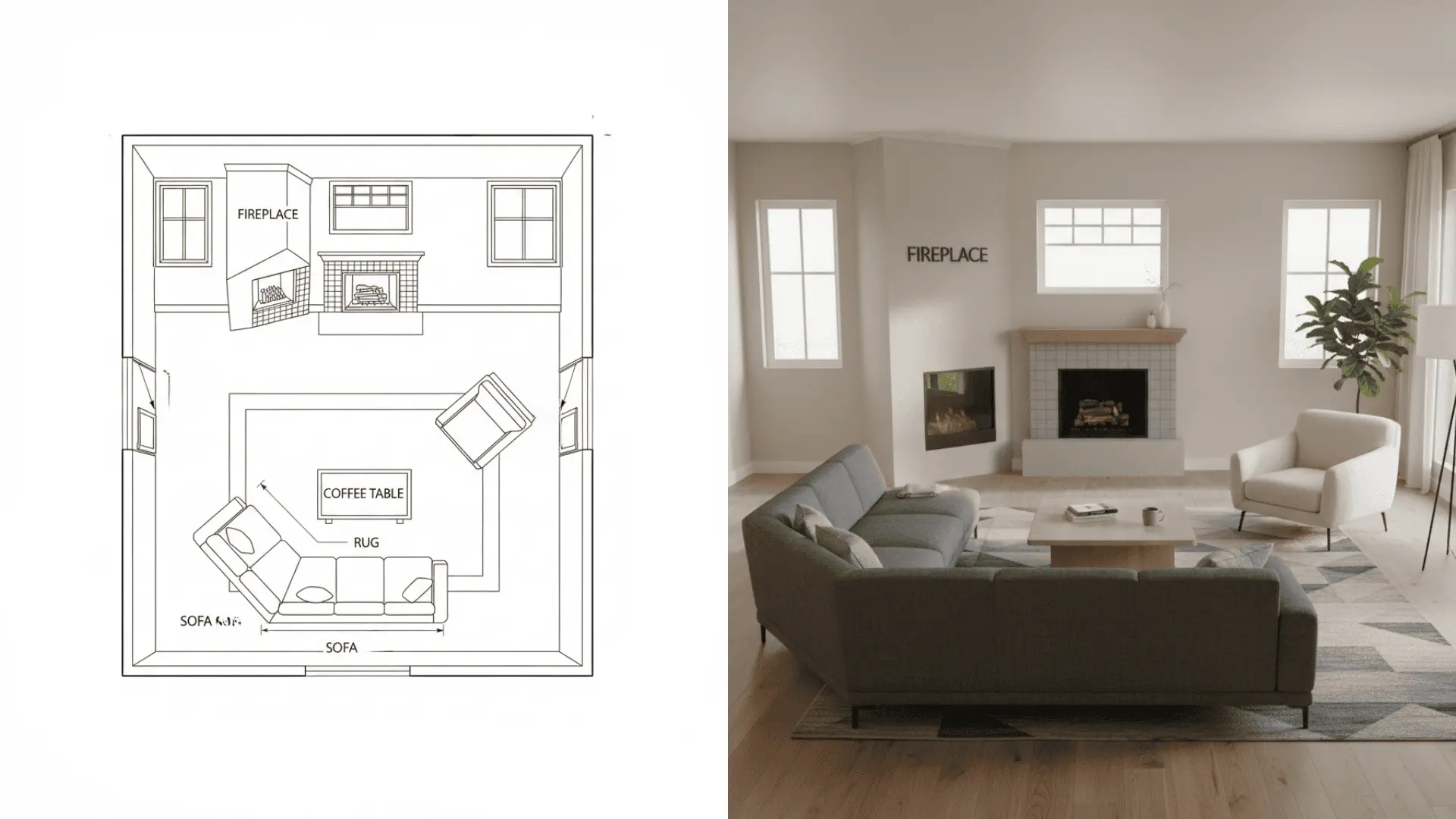 Sofa angled toward an off-center fireplace with balanced seating.