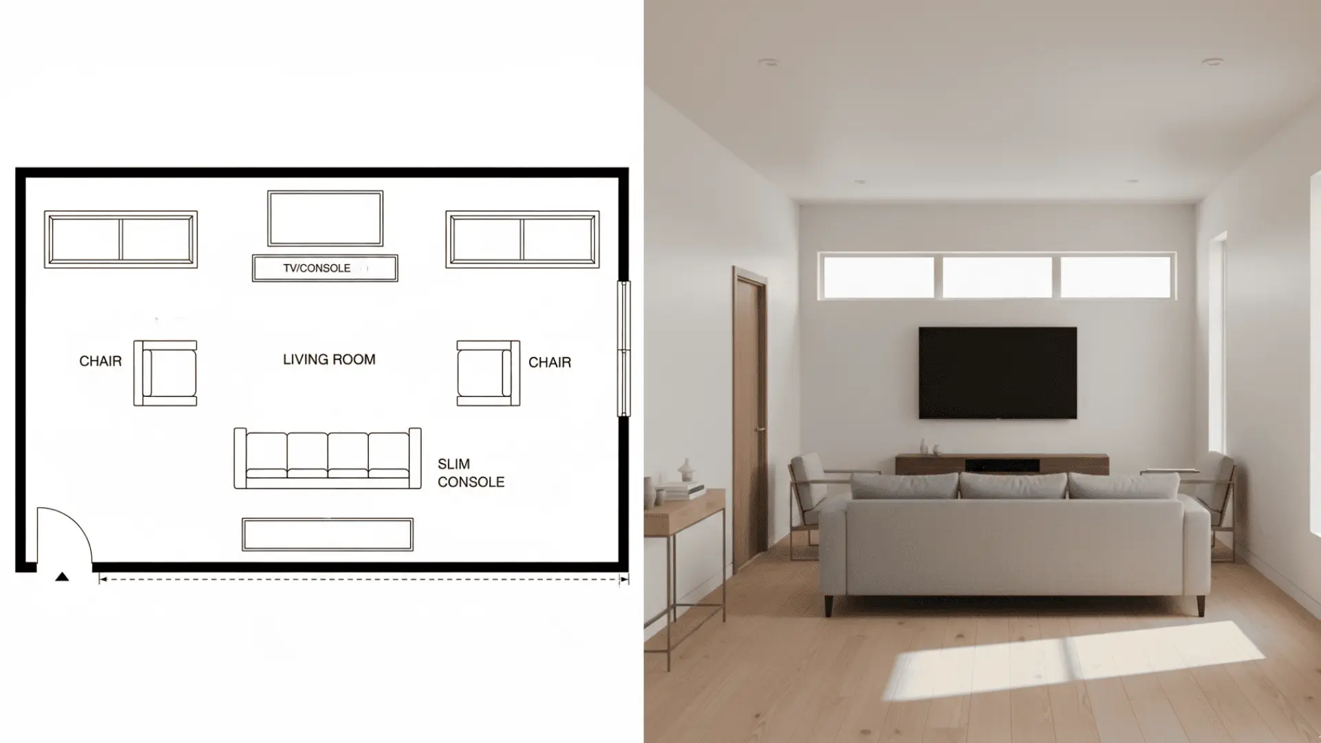 Seating along one wall with a wide, clear walkway in a narrow living room.
