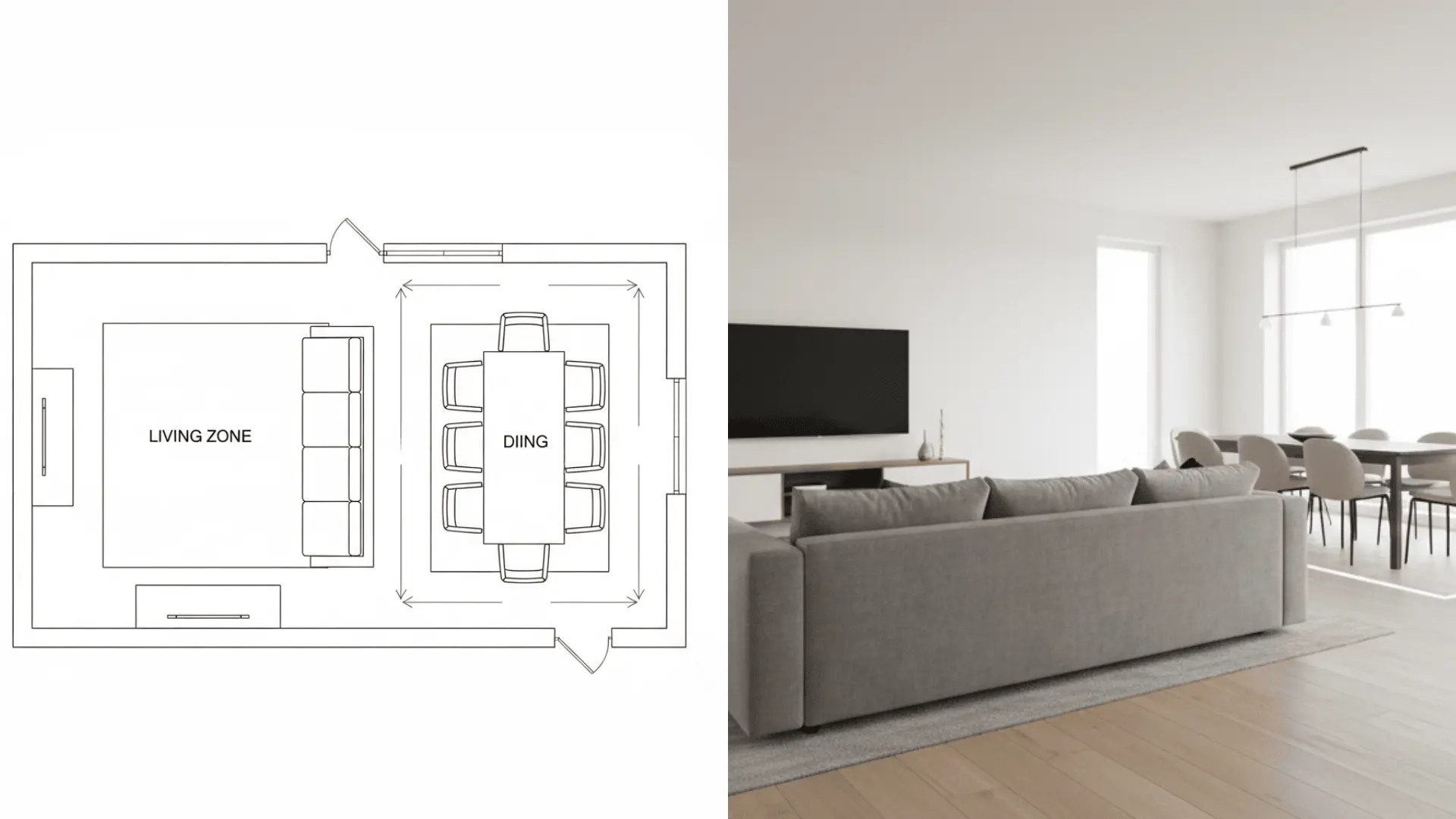 Sofa dividing an open living and dining area with rugs defining zones.