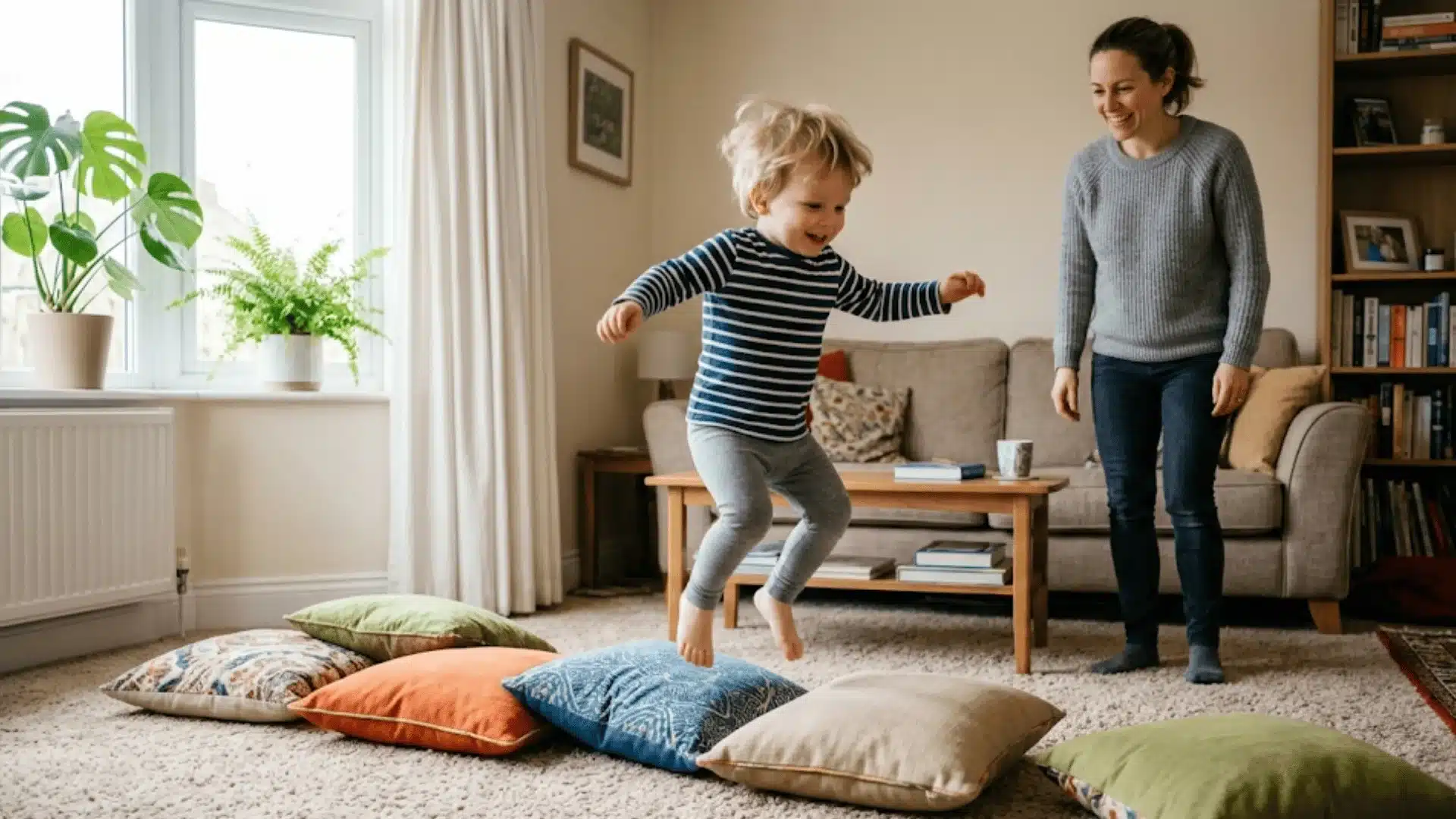 Toddler jumping from one couch pillow to another on the floor during a “pillow islands” balance game.