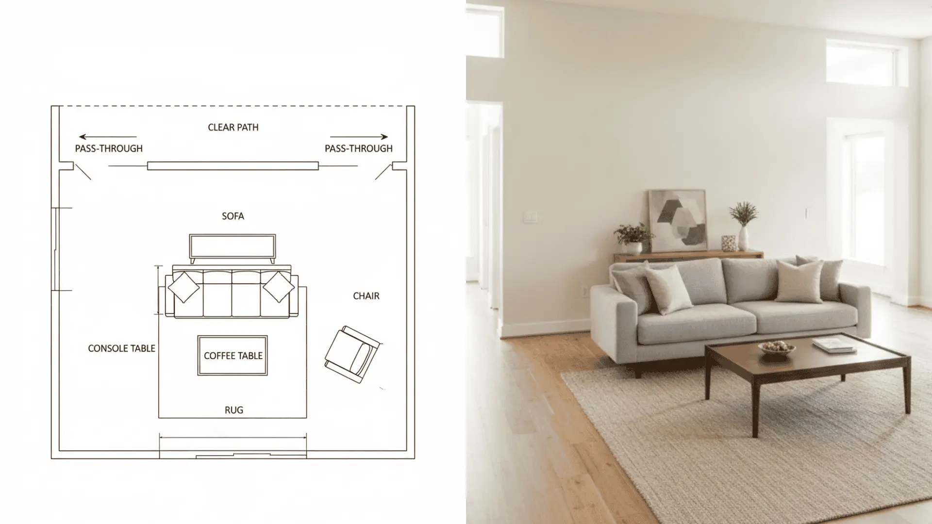  Clear side walkway with seating grouped away from traffic in a pass-through room.