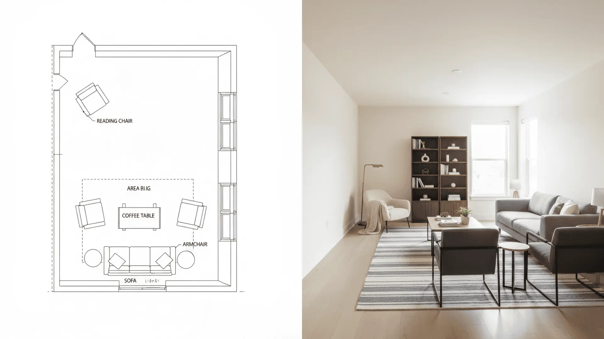 Seating area at one end with a small secondary area in a long room